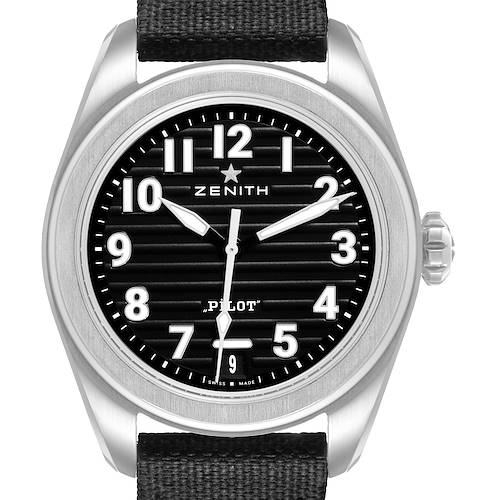 The Zenith Pilot 03.4000.3620 Men's Stainless Steel Black Dial watch is shown from a front angle, displaying the dial, hands, bezel, crown, and strap.