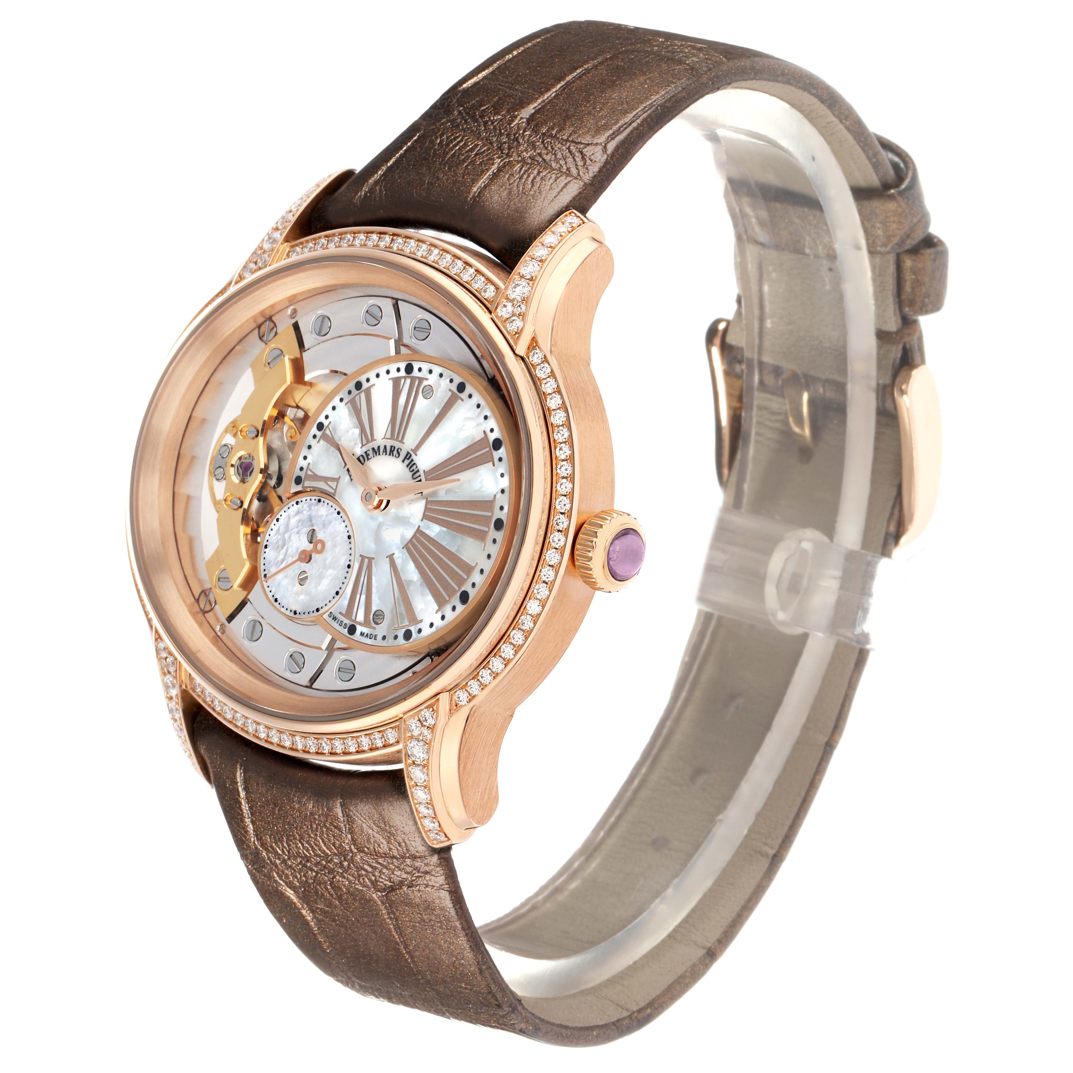 The image shows a side angle of the Audemars Piguet Millenary 77247OR Women
s Rose Gold Mother of Pearl Dial watch, highlighting its dial, case, and leather strap.