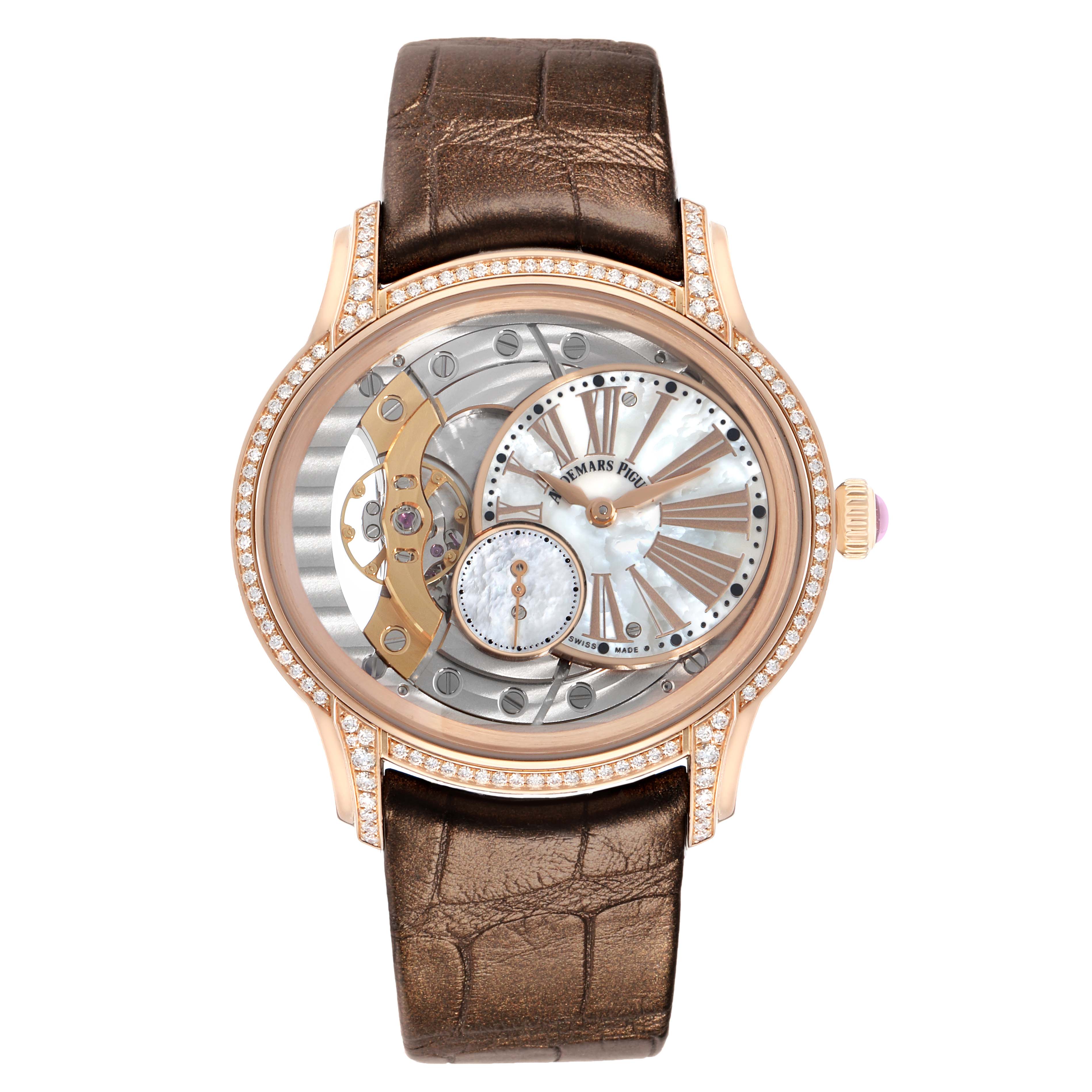 The image shows a front view of the Audemars Piguet Millenary 77247OR Women
s Rose Gold Mother of Pearl Dial watch, highlighting its detailed dial and leather strap.
