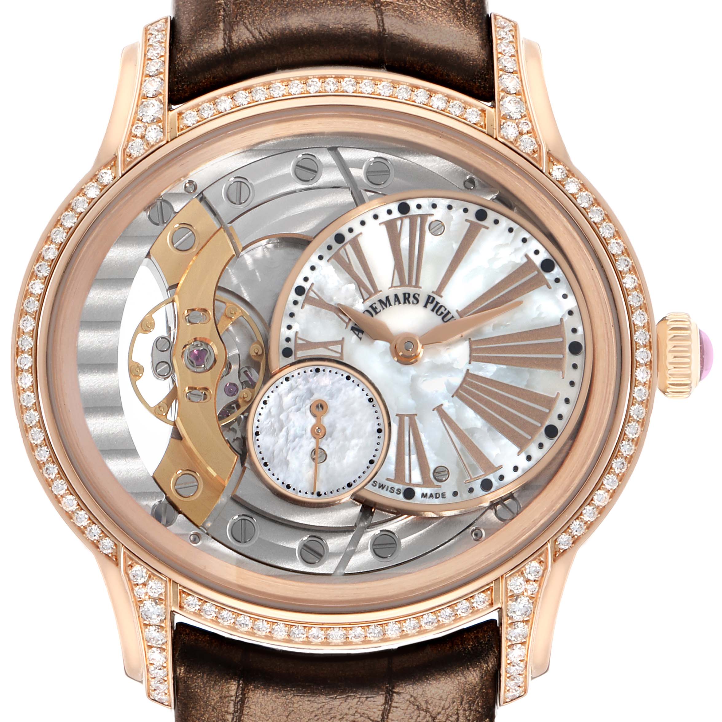 The Audemars Piguet Millenary 77247OR Women
s Rose Gold Mother of Pearl Dial watch is shown from a front angle, displaying its dial, hour markers, and visible internal mechanics.