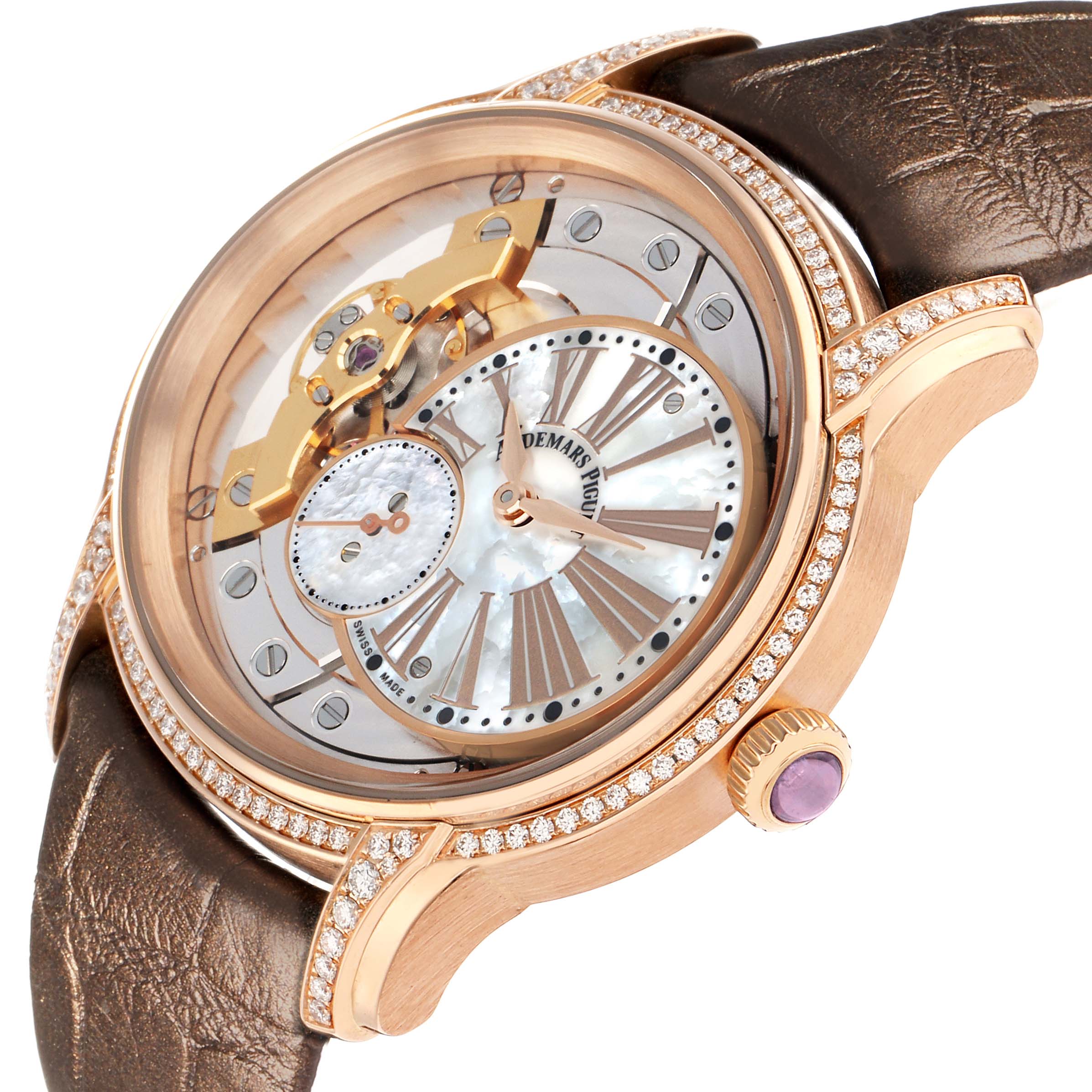 The Audemars Piguet Millenary 77247OR Women
s Rose Gold Mother of Pearl Dial watch is shown at a side angle, highlighting the case, dial, bezel, and crown.