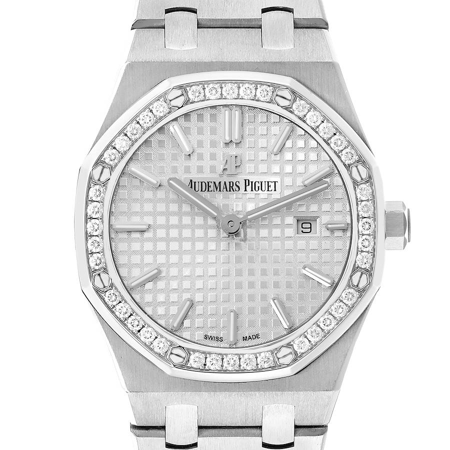The Audemars Piguet Royal Oak 67651ST Women's Stainless Steel Silver Dial watch is shown from the front, displaying the bezel, dial, hands, indices, and date window.