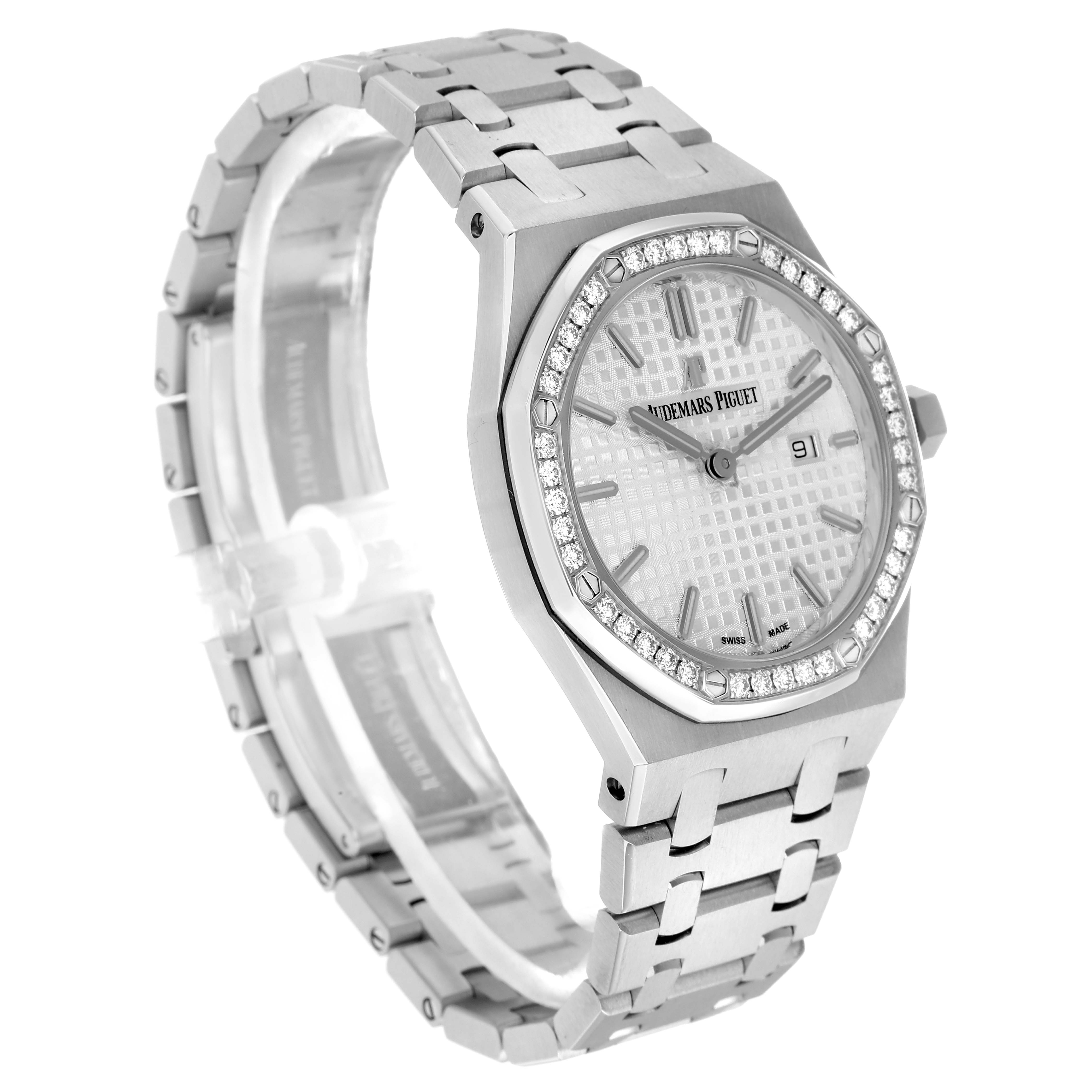 The Audemars Piguet Royal Oak 67651ST Women
s Stainless Steel Silver Dial watch is shown from a slightly tilted side angle, highlighting its face, bezel, and bracelet.