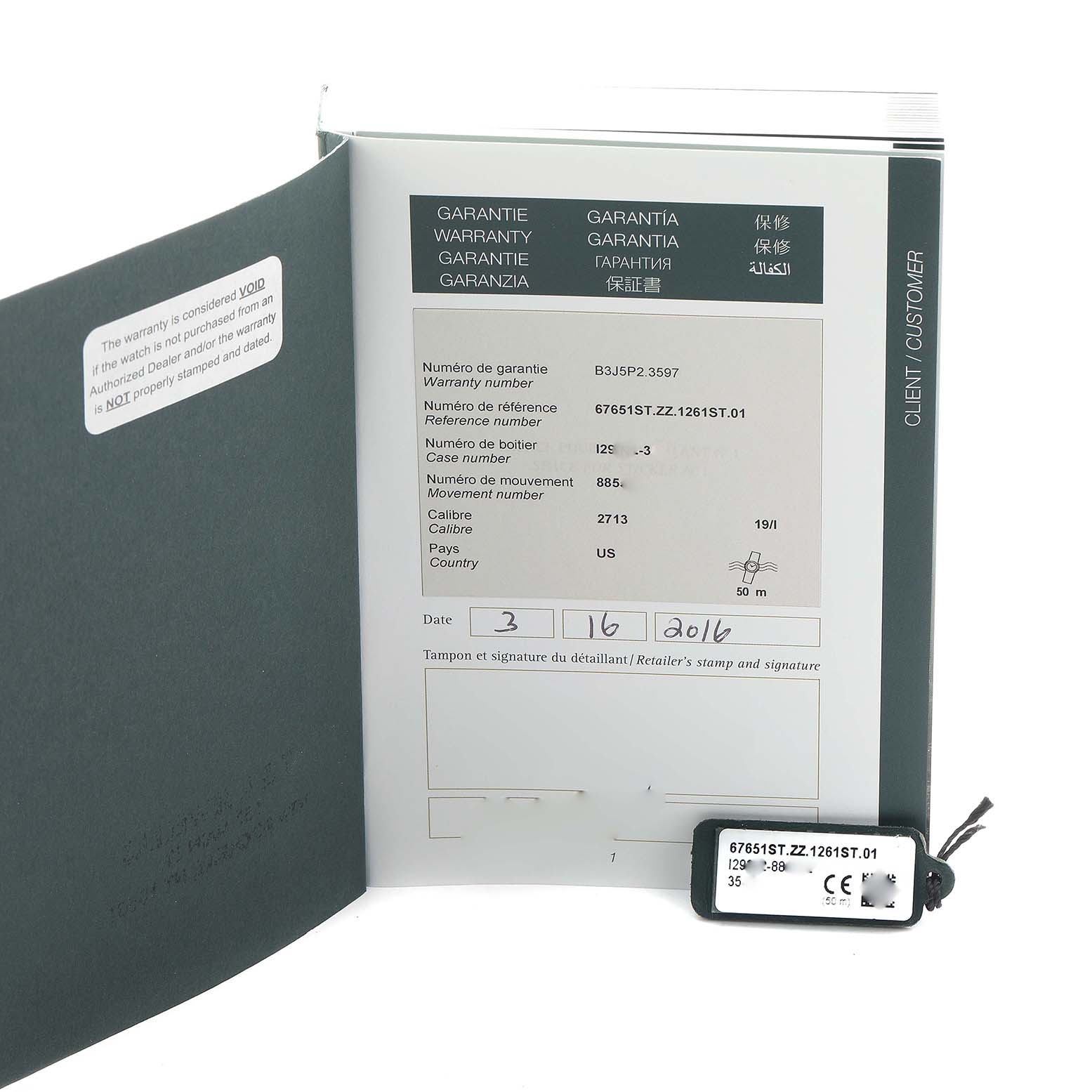 The image shows the open warranty booklet and a tag for the Audemars Piguet Royal Oak 67651ST Women
s Stainless Steel Silver Dial, displaying reference numbers.