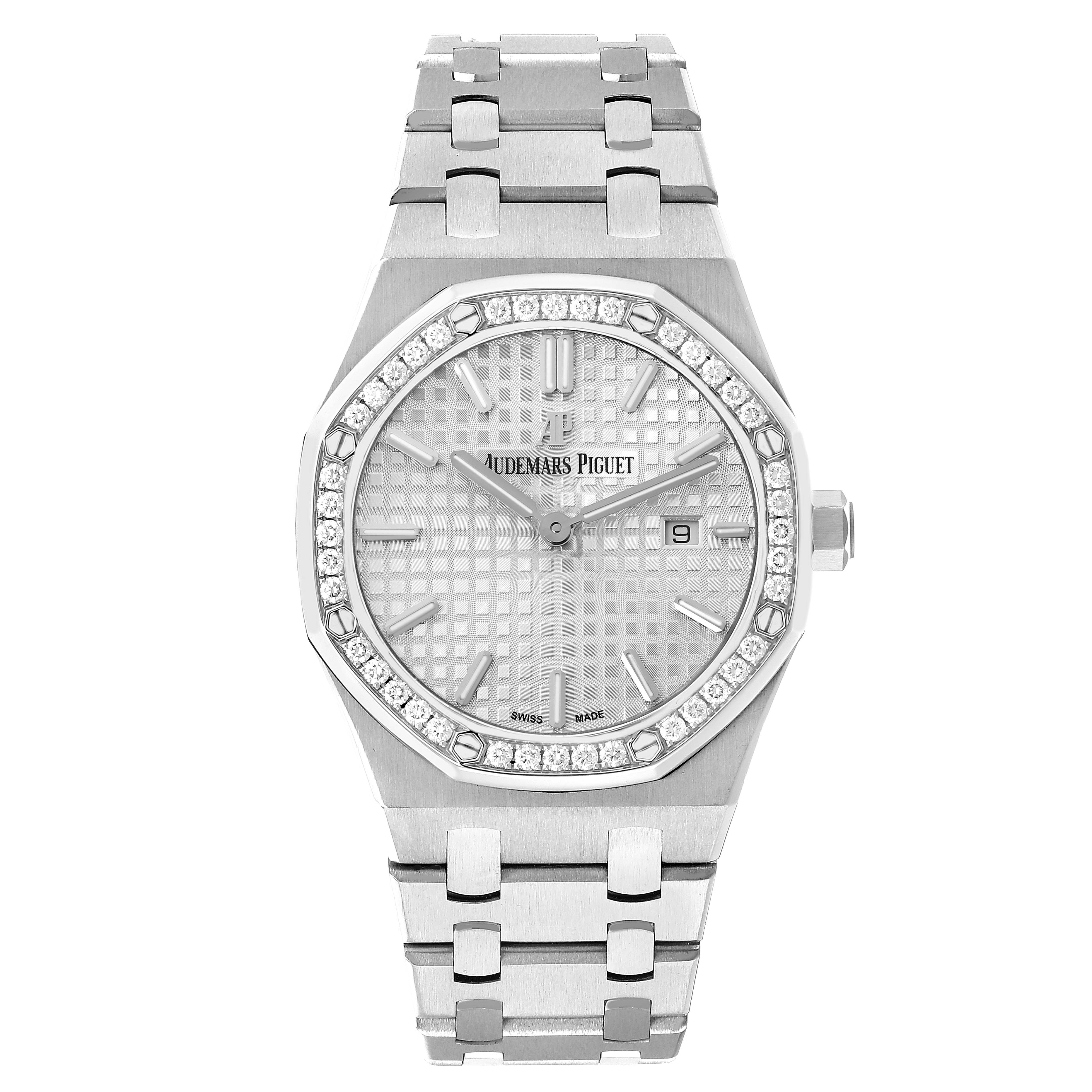 The Audemars Piguet Royal Oak 67651ST Women
s Stainless Steel Silver Dial watch is shown from the front, highlighting its bezel, dial, bracelet, and crown.