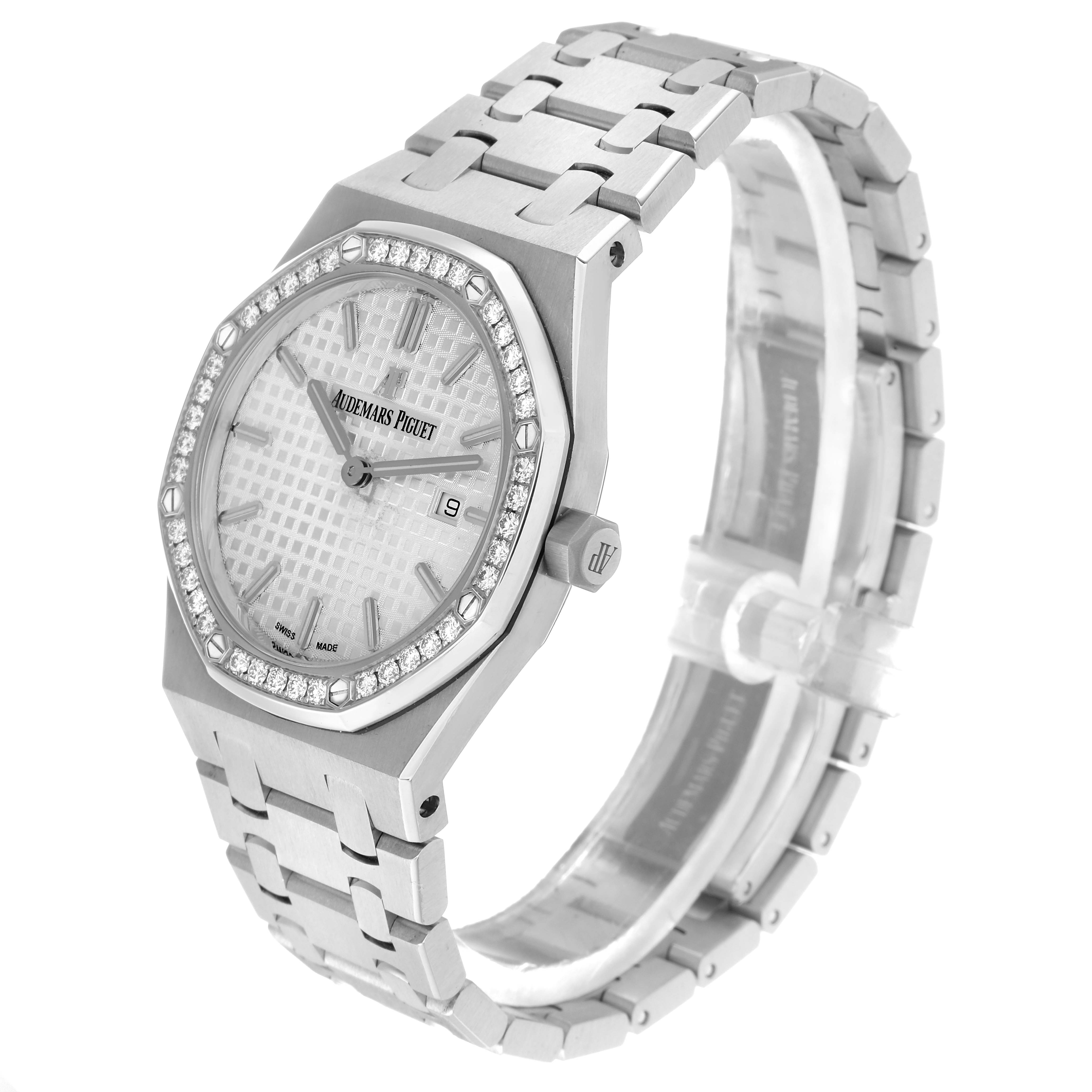 The Audemars Piguet Royal Oak 67651ST Women
s Stainless Steel Silver Dial watch is shown from an angled side view, highlighting its bracelet, case, bezel, and dial.