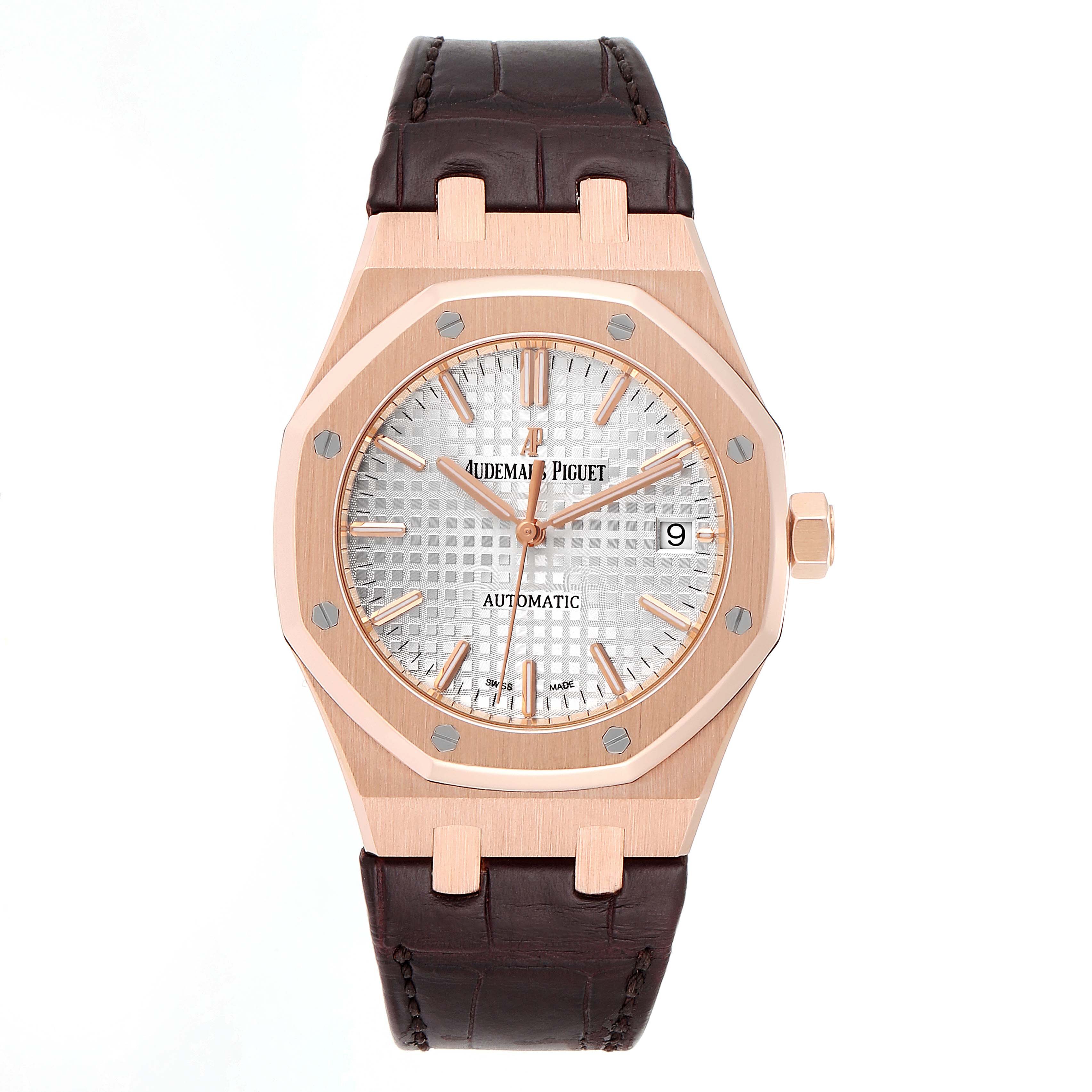 The image shows a front view of an Audemars Piguet Royal Oak 15450OR.OO.D088CR.01 Men's Rose Gold Silver Dial 15450OR.OO.D088CR.01 Men's Rose Gold Silver Dial watch featuring a rose gold case and a leather strap.