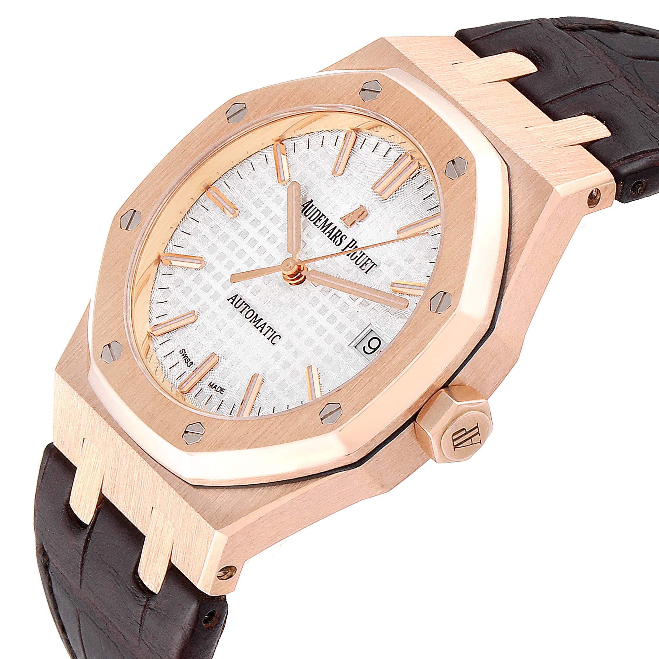 This image shows a close-up angle of the Audemars Piguet Royal Oak 15450OR.OO.D088CR.01 Men's Rose Gold Silver Dial 15450OR.OO.D088CR.01 Men's Rose Gold Silver Dial watch, highlighting its rose gold case, white dial, bezel, crown, and leather strap.