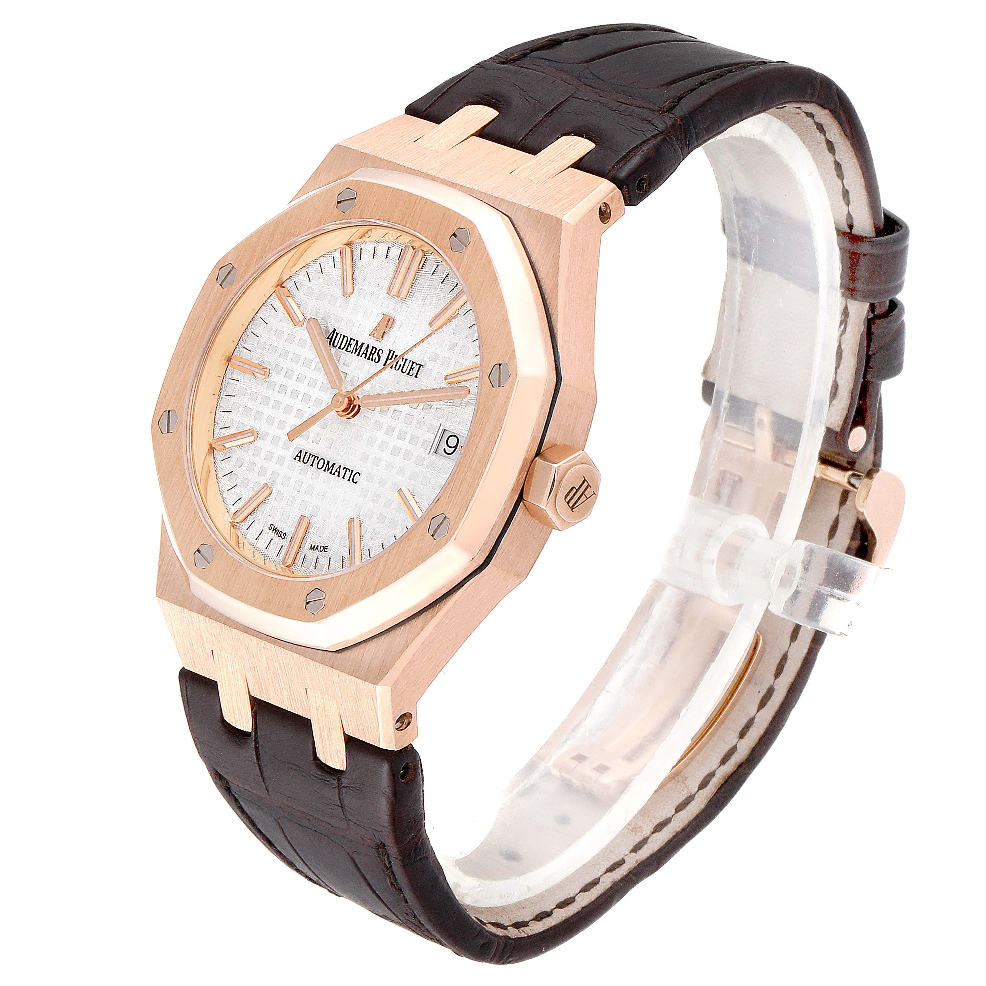 The image shows a side angle shot of an Audemars Piguet Royal Oak 15450OR.OO.D088CR.01 Men's Rose Gold Silver Dial 15450OR.OO.D088CR.01 Men's Rose Gold Silver Dial watch, highlighting its case, dial, crown, and leather strap.