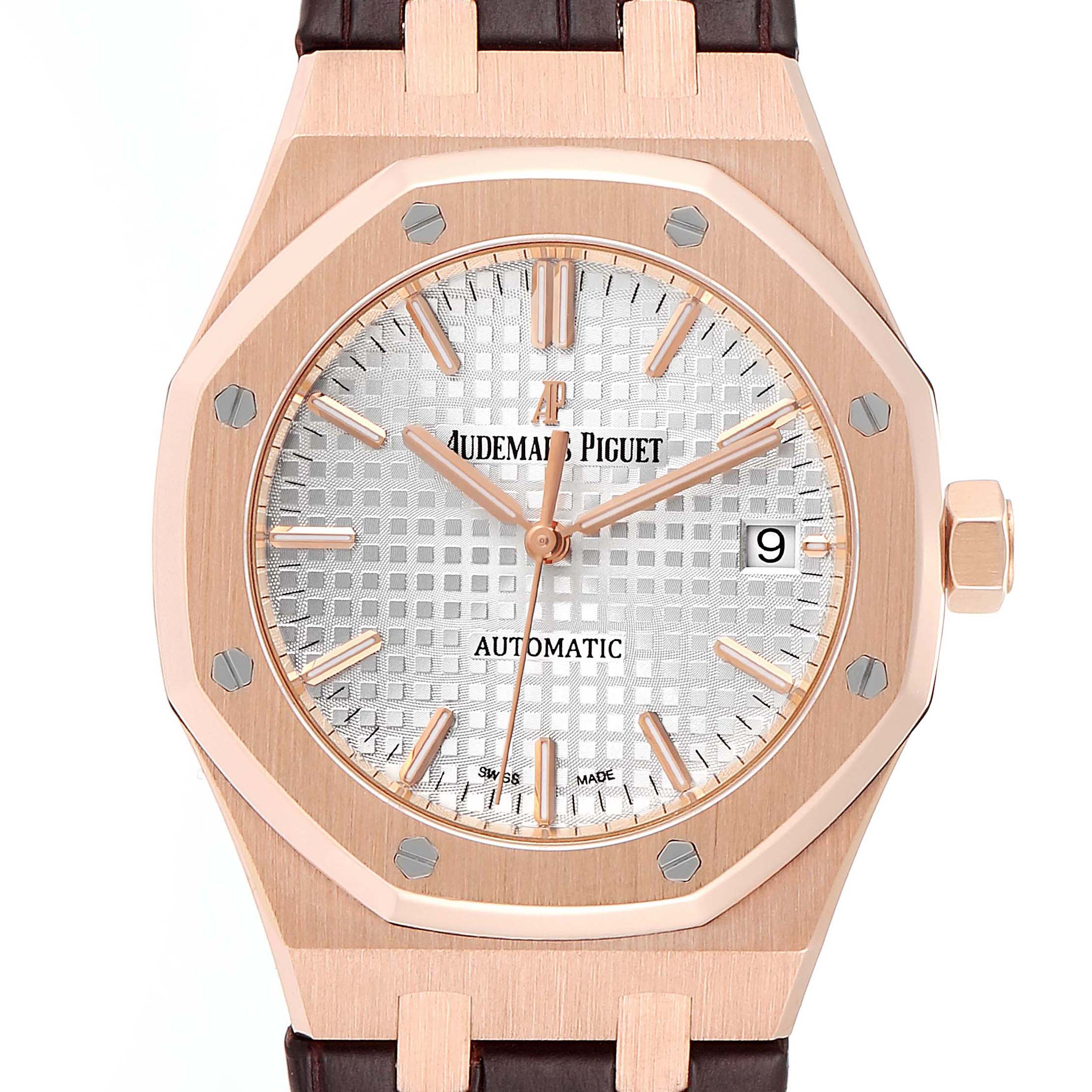 The image shows a front view of an Audemars Piguet Royal Oak 15450OR.OO.D088CR.01 Men's Rose Gold Silver Dial 15450OR.OO.D088CR.01 Men's Rose Gold Silver Dial watch, highlighting the dial, bezel, crown, and part of the strap.