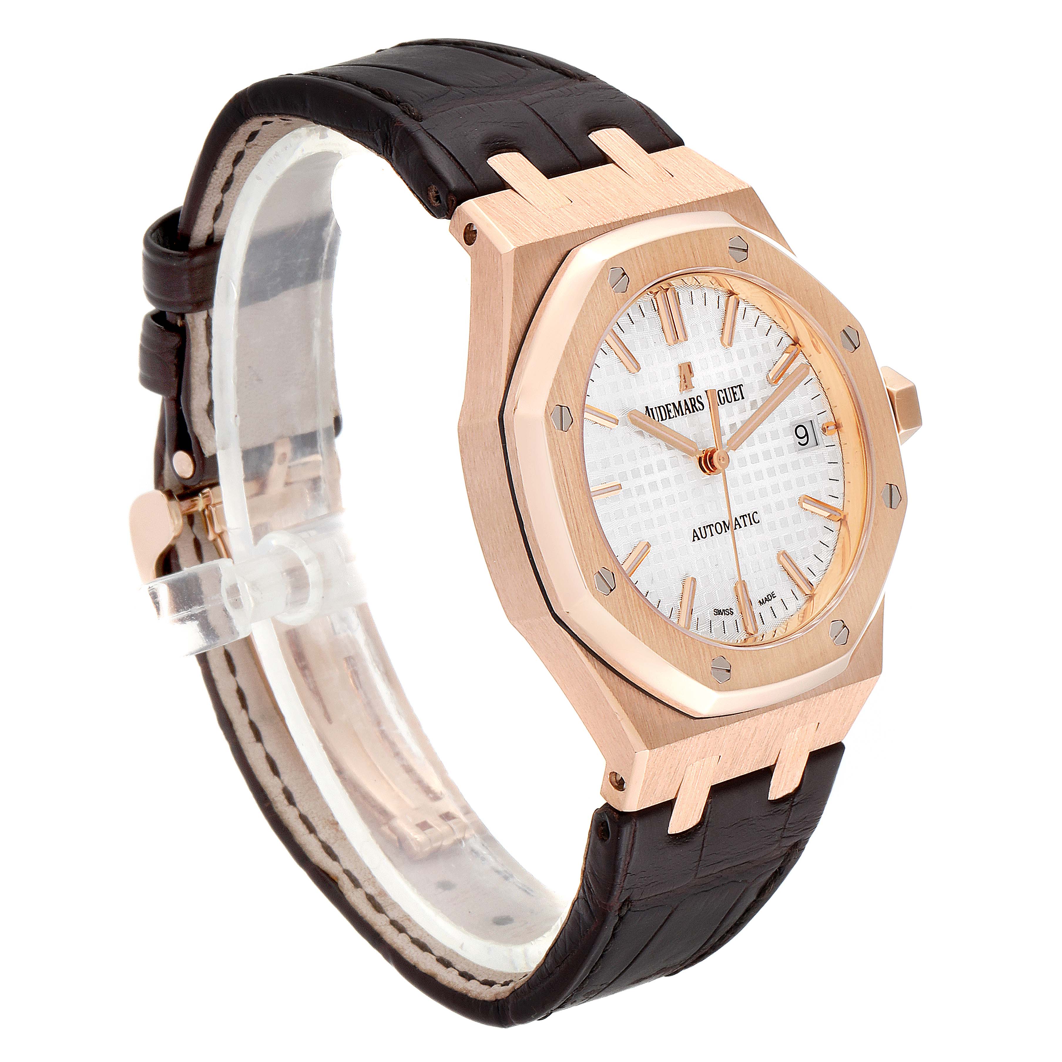 The image shows a side angle of an Audemars Piguet Royal Oak 15450OR.OO.D088CR.01 Men's Rose Gold Silver Dial 15450OR.OO.D088CR.01 Men's Rose Gold Silver Dial watch, highlighting its octagonal bezel, dial, and leather strap.