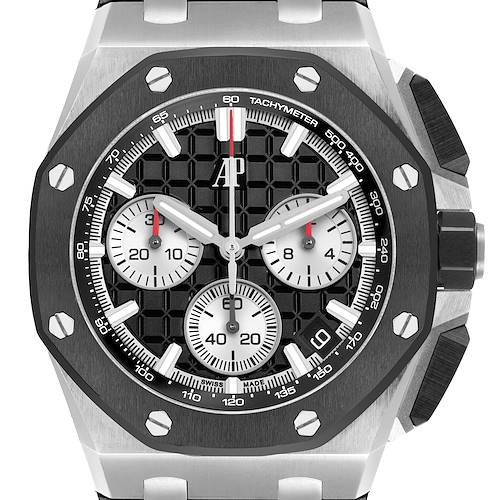 The image shows a front view of the Audemars Piguet Royal Oak Offshore 26420SO.OO.A002CA.01 Men's Stainless Steel Black Dial, highlighting the dial, bezel, and subdials.