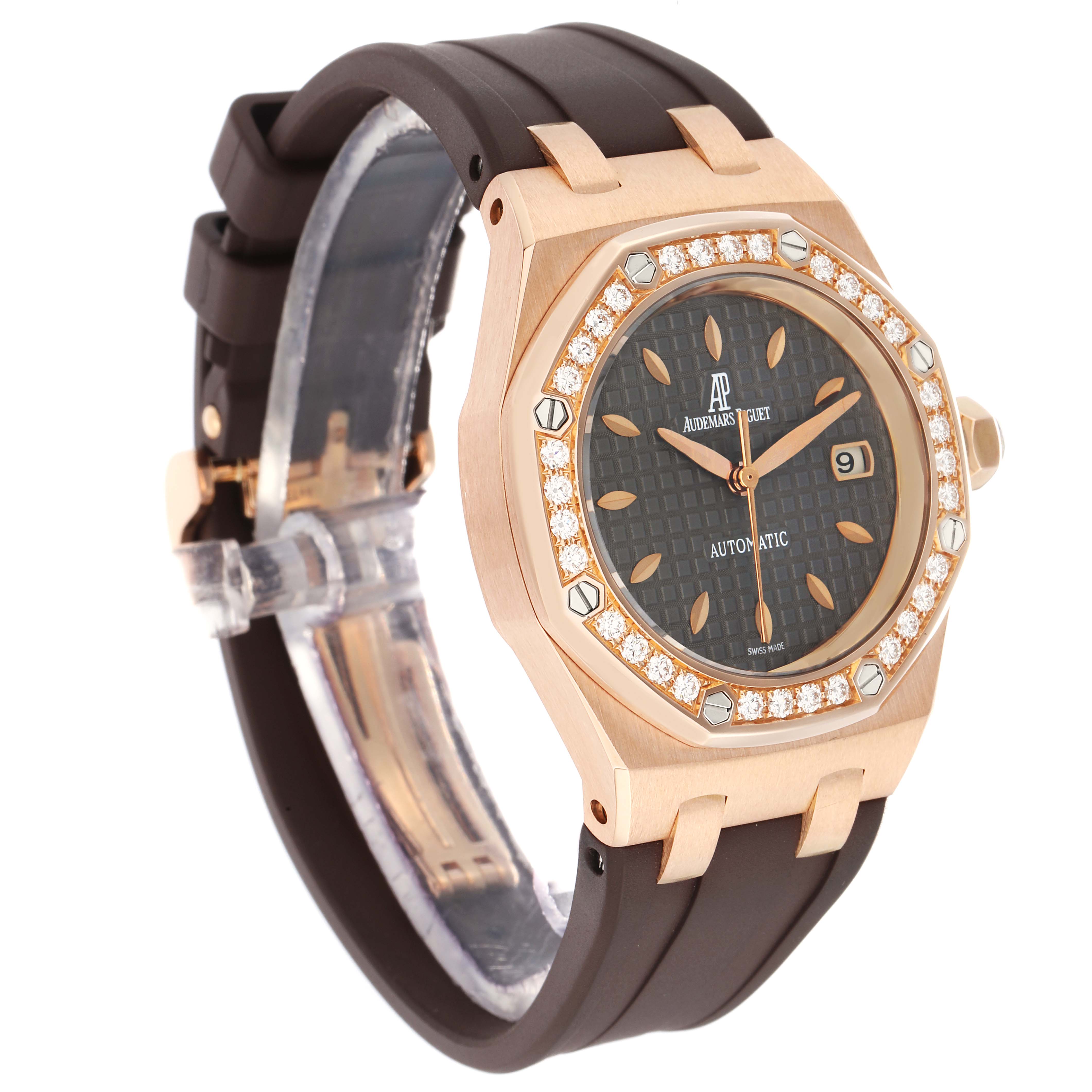 The Audemars Piguet Royal Oak 77321OR Women
s Rose Gold Brown Dial watch is shown at a three-quarter angle, revealing its bezel, dial, and strap.