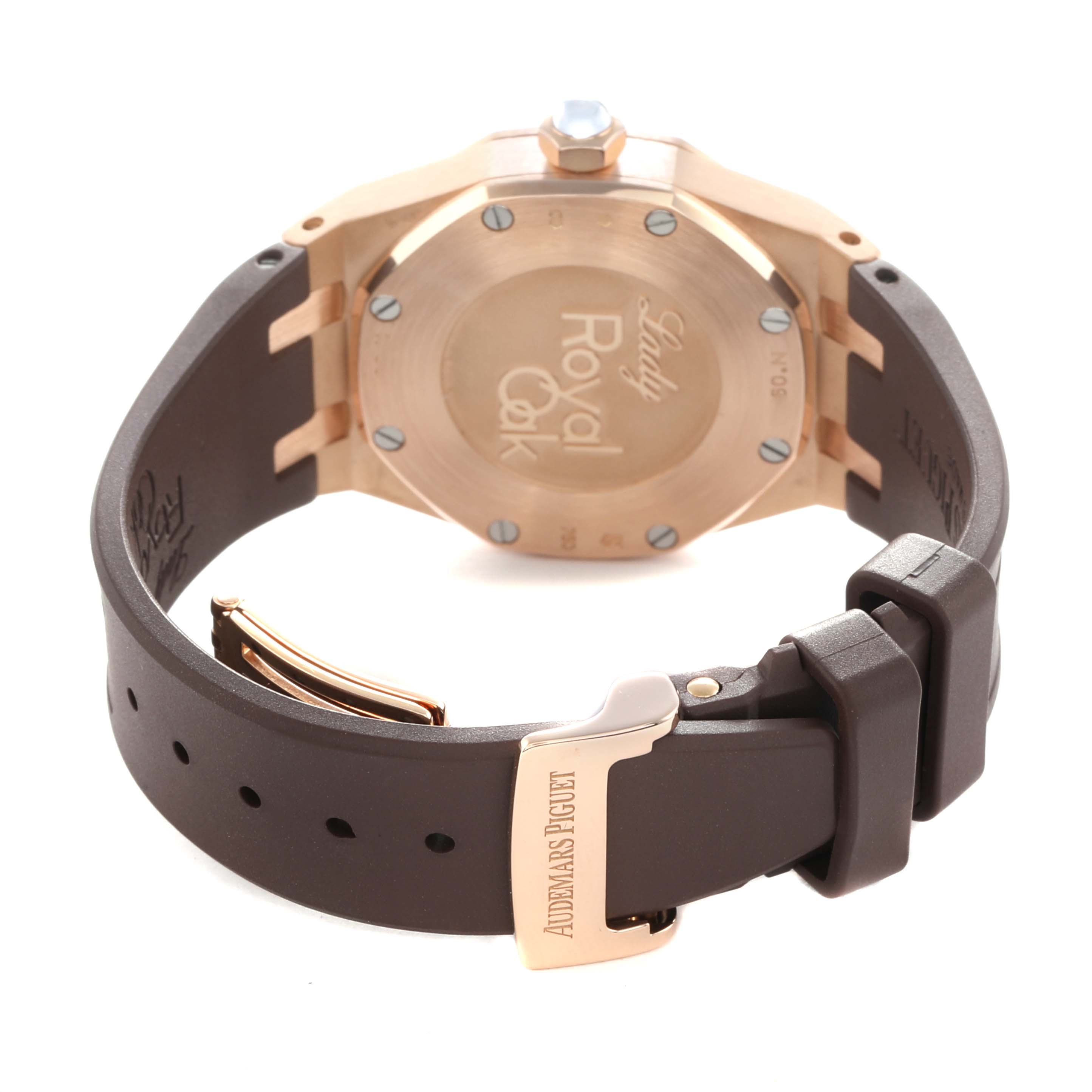 The image shows the case back and clasp of the Audemars Piguet Royal Oak 77321OR Women
s Rose Gold Brown Dial, focusing on the back and the strap closure.