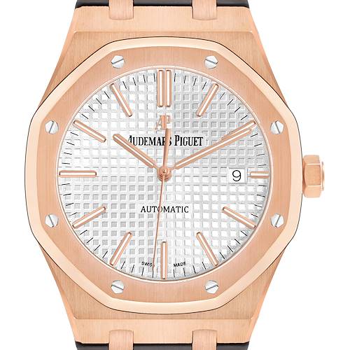 The image shows a front view of the Audemars Piguet Royal Oak 15400OR.OO.D002CR.01 Men's Rose Gold Silver Dial watch, highlighting its octagonal bezel, dial, and crown.
