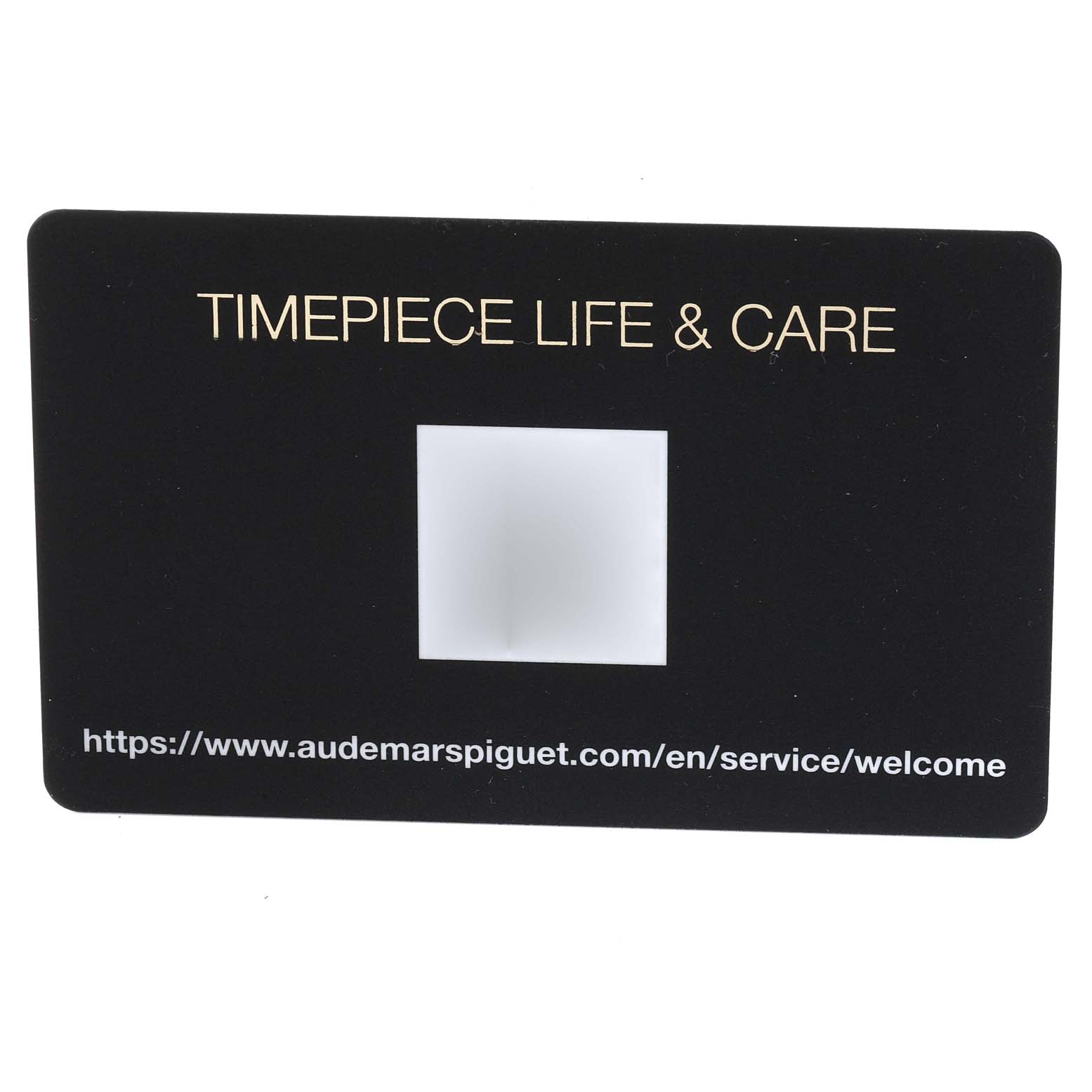 The image shows a rectangular "Timepiece Life & Care" card for the Royal Oak model by Audemars Piguet.