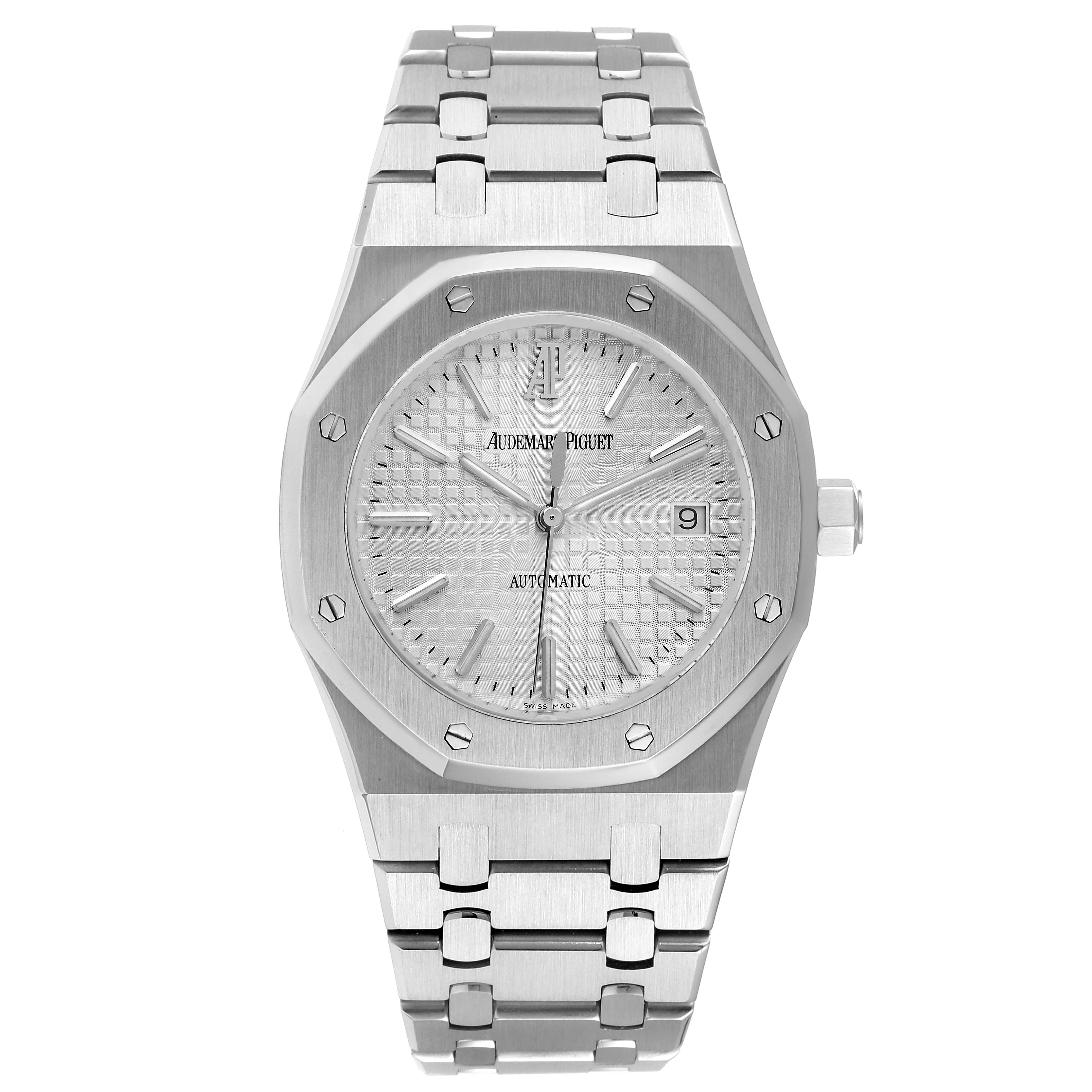 The image shows a front view of the Audemars Piguet Royal Oak 15300ST.00.1220ST.01 Men's Stainless Steel White Dial 15300ST.00.1220ST.01 Men's Stainless Steel White Dial watch, highlighting the dial, bezel, and bracelet.