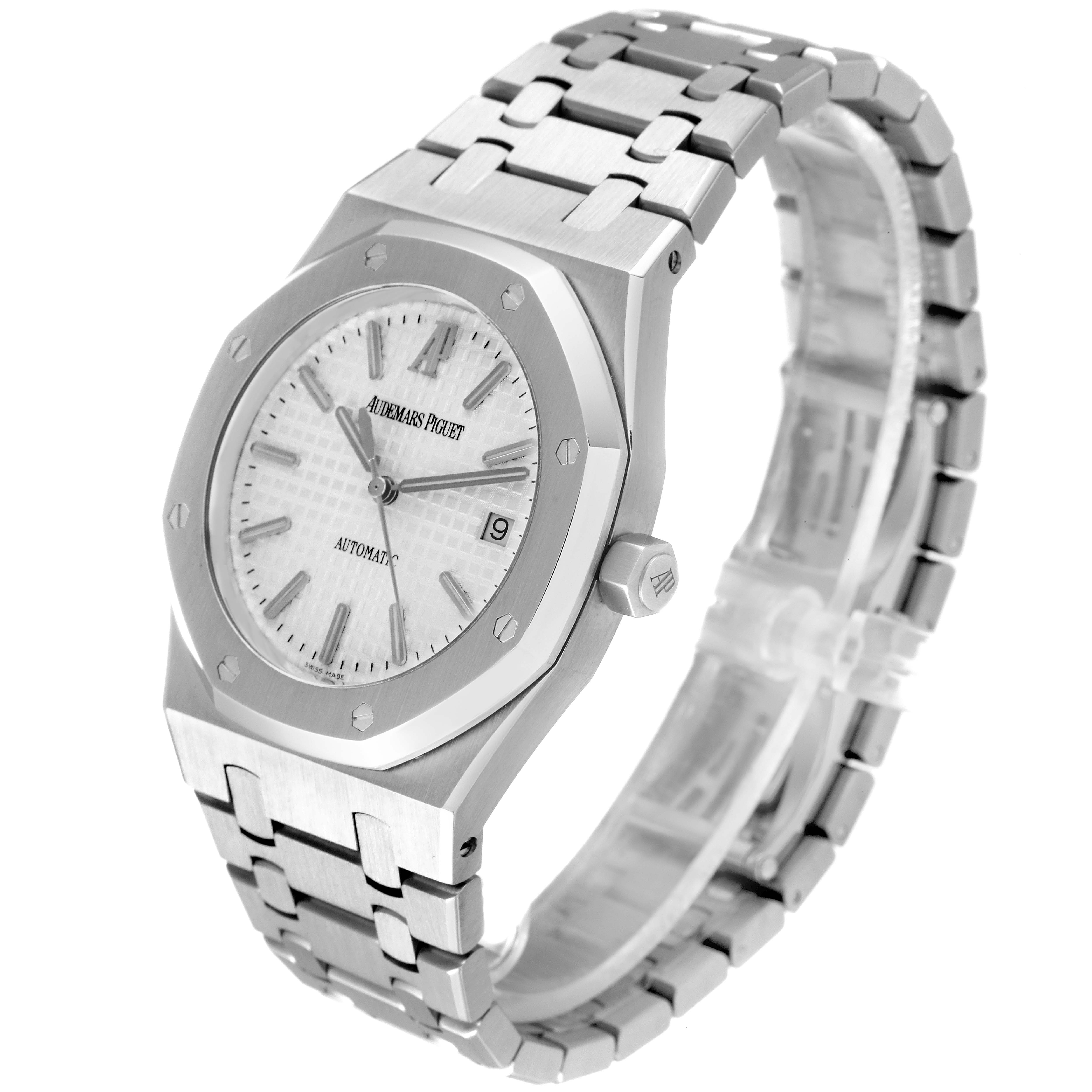 The image shows a Royal Oak model by Audemars Piguet from a 3/4 angle, highlighting the watch face, bezel, crown, and bracelet.