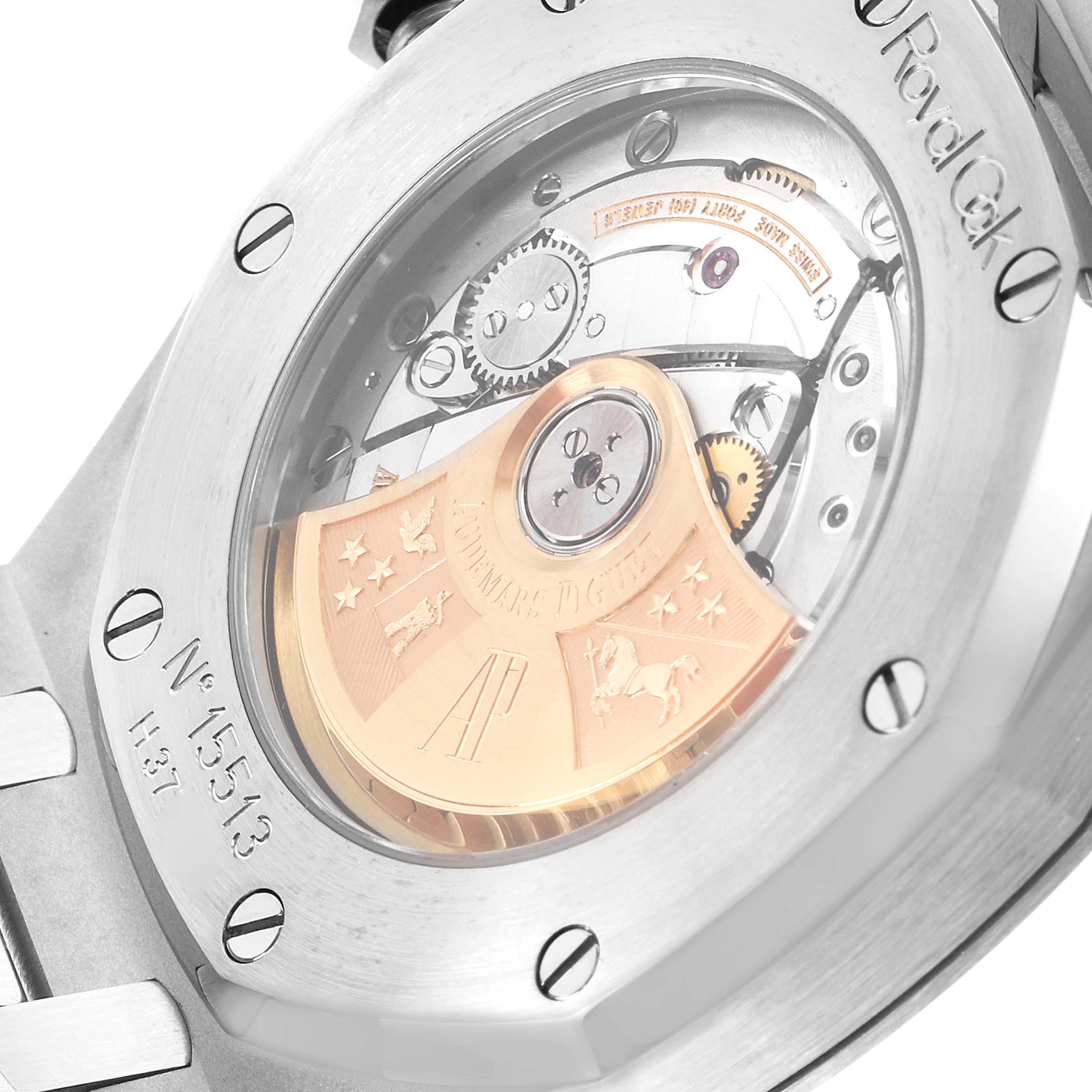 This image shows the rear view of the Royal Oak model by Audemars Piguet, highlighting its intricate mechanical movement.