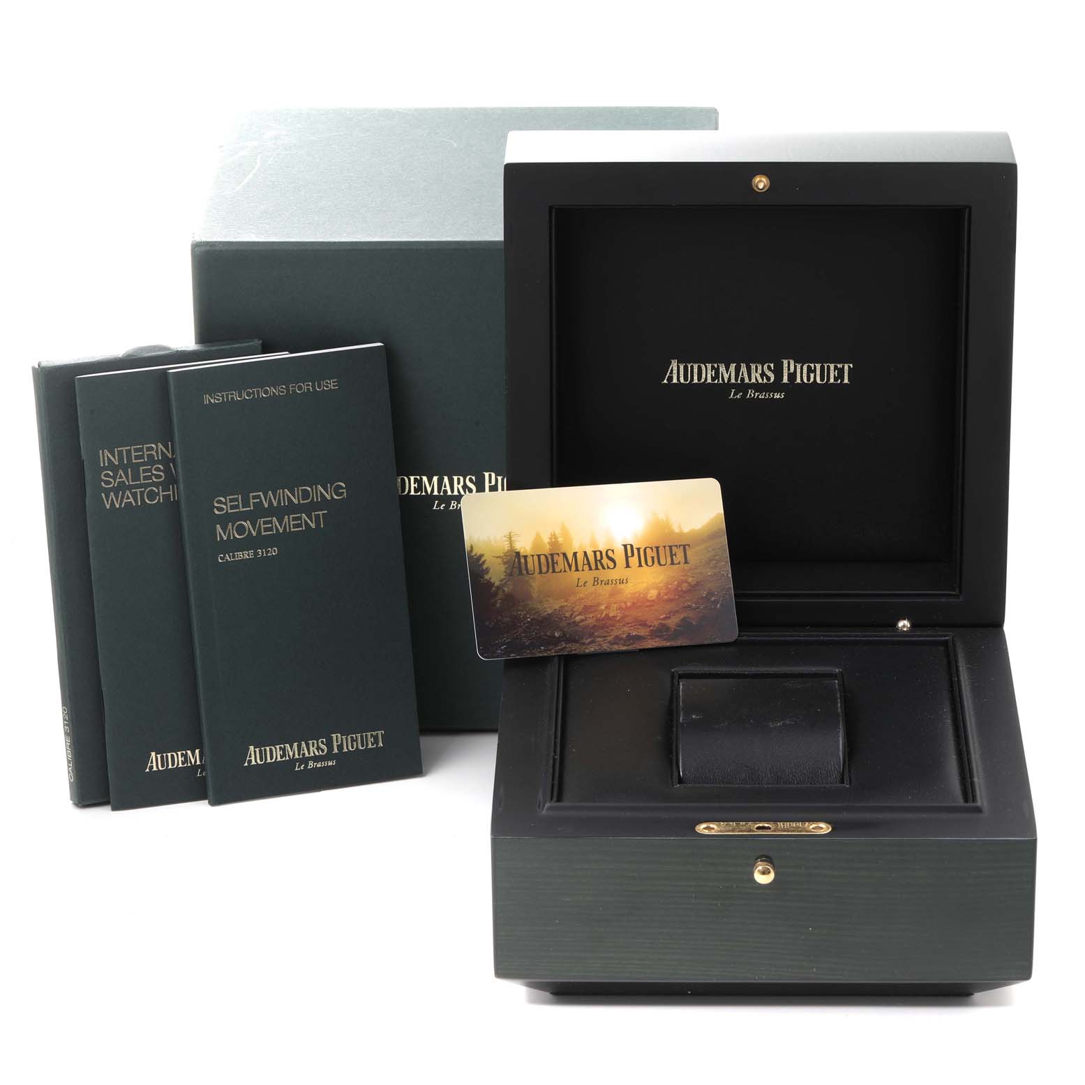 The image shows the packaging, manuals, and certificate card for the Audemars Piguet Royal Oak 15300ST.00.1220ST.01 Men's Stainless Steel White Dial 15300ST.00.1220ST.01 Men's Stainless Steel White Dial watch model.