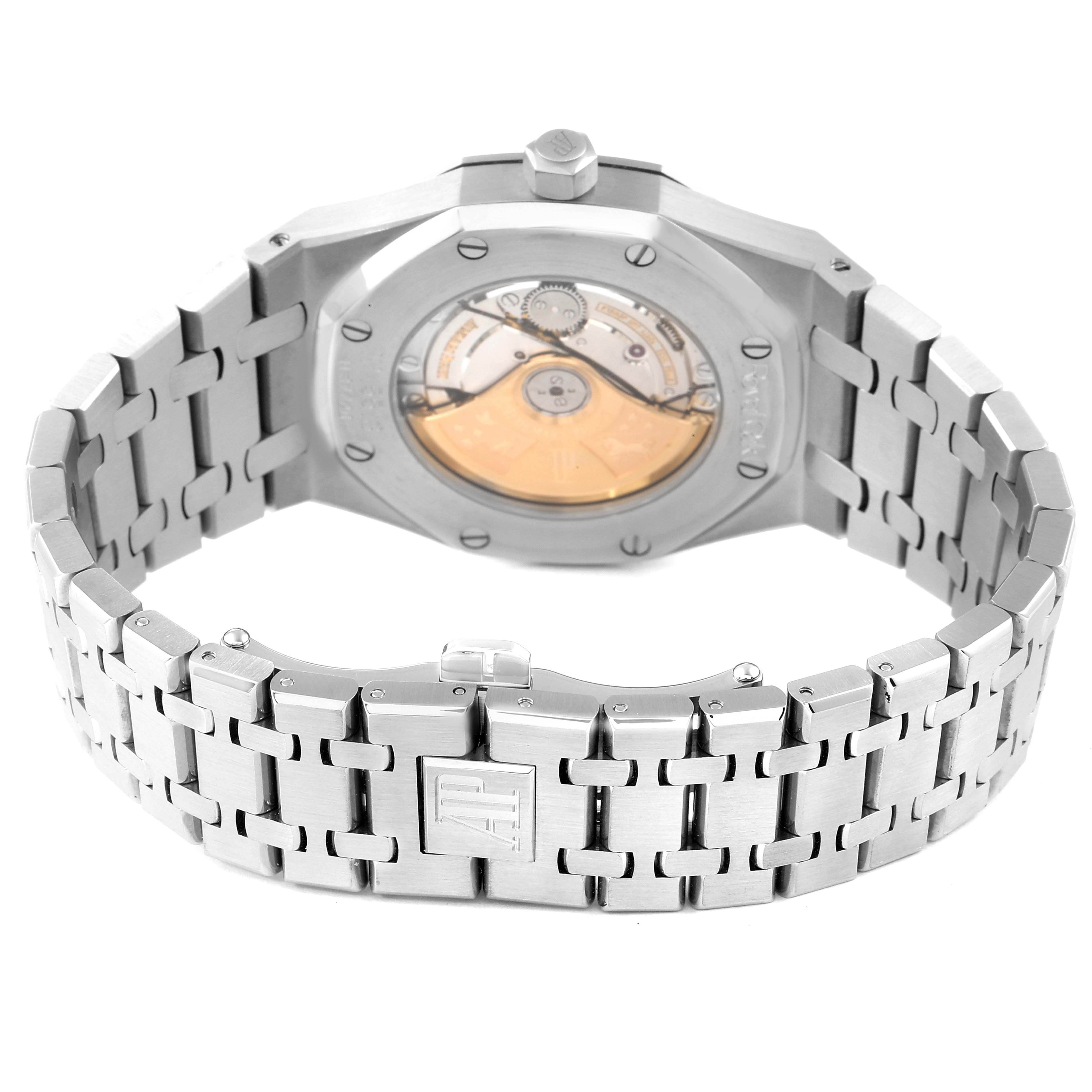 The image shows the back view of an Audemars Piguet Royal Oak 15300ST.00.1220ST.01 Men's Stainless Steel White Dial 15300ST.00.1220ST.01 Men's Stainless Steel White Dial watch, displaying its caseback and bracelet.