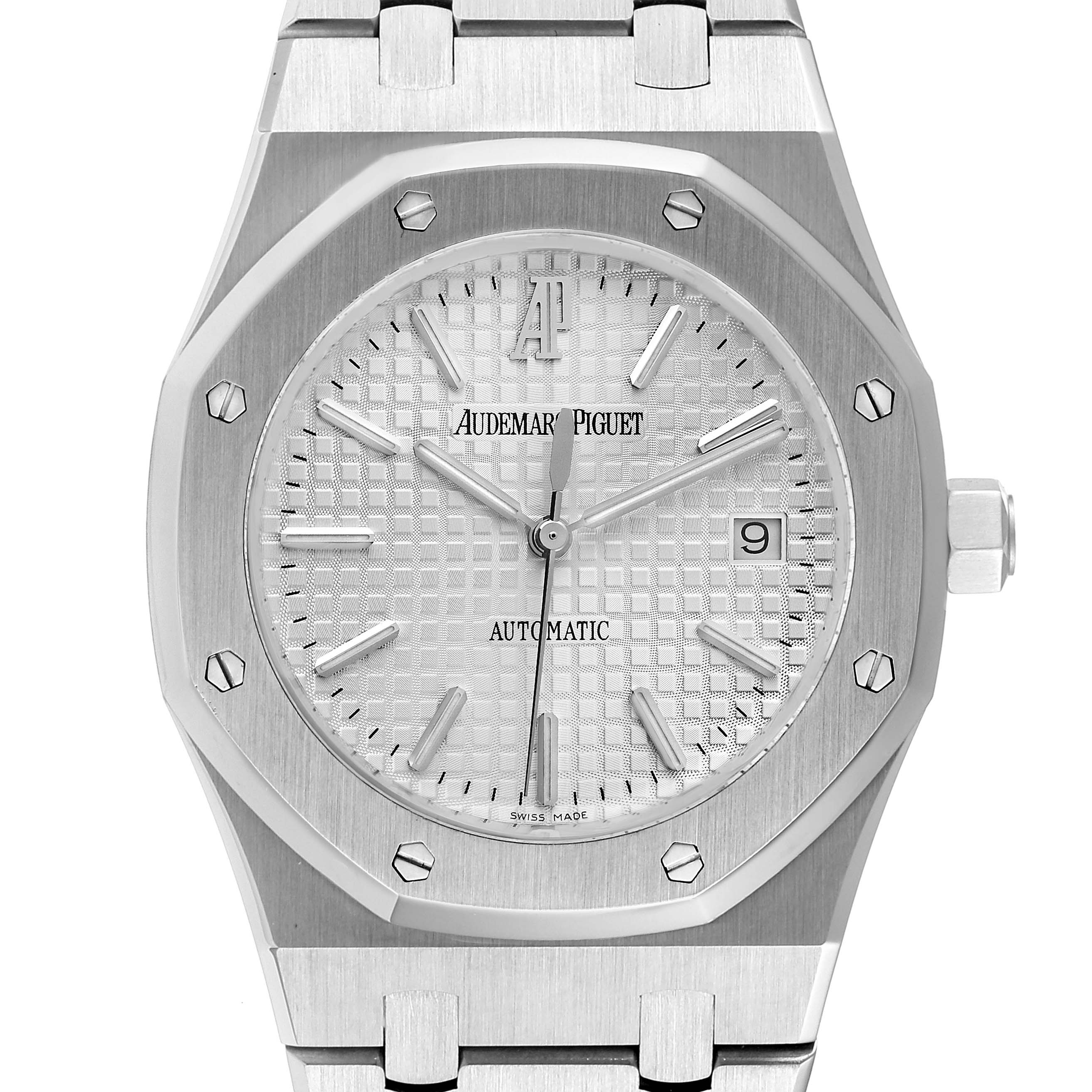 The image shows a head-on view of an Audemars Piguet Royal Oak 15300ST.00.1220ST.01 Men's Stainless Steel White Dial 15300ST.00.1220ST.01 Men's Stainless Steel White Dial watch, highlighting the dial, bezel, and part of the bracelet.