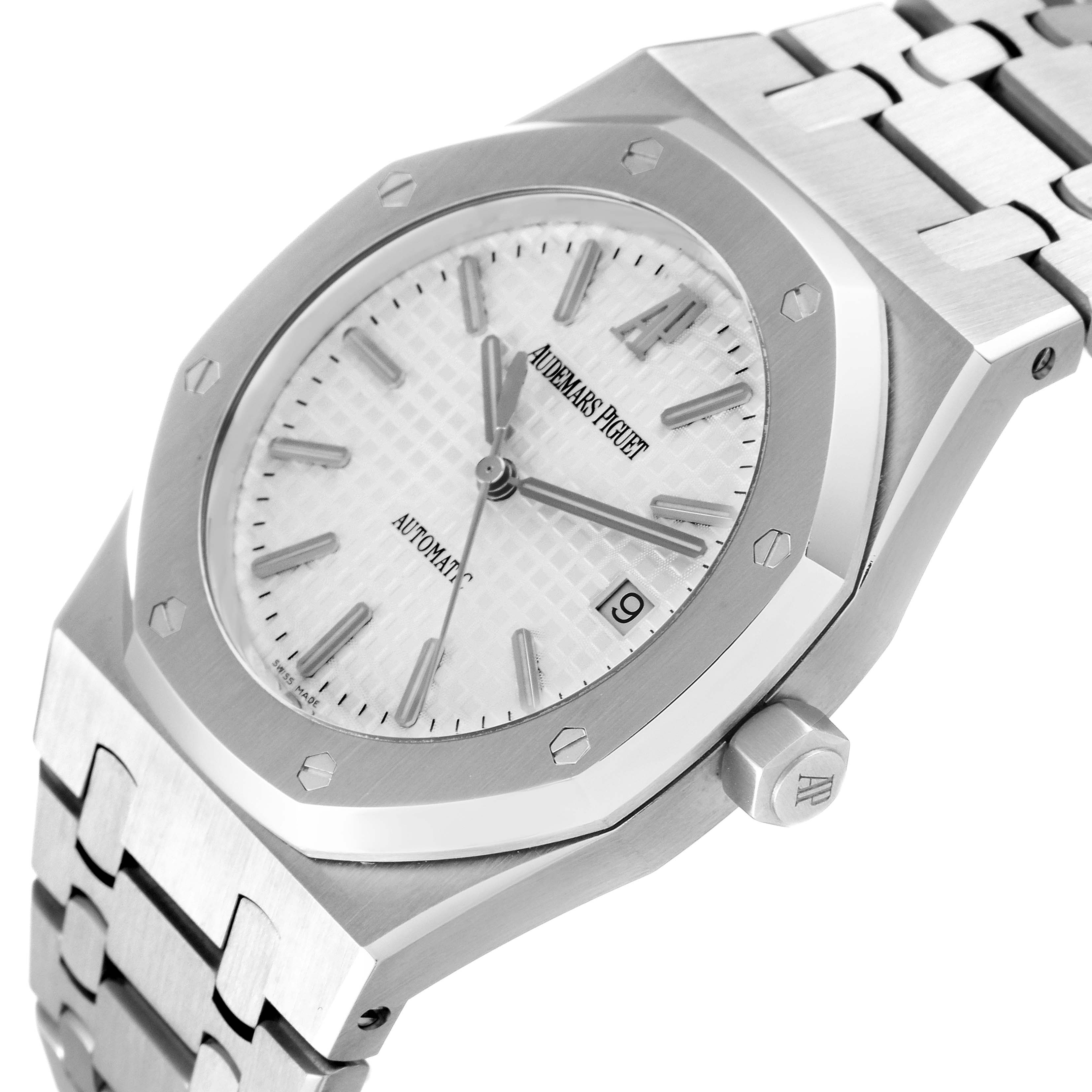 The image shows a close-up angled view of the Audemars Piguet Royal Oak 15300ST.00.1220ST.01 Men's Stainless Steel White Dial 15300ST.00.1220ST.01 Men's Stainless Steel White Dial watch, highlighting the dial, hands, bezel, and part of the bracelet.