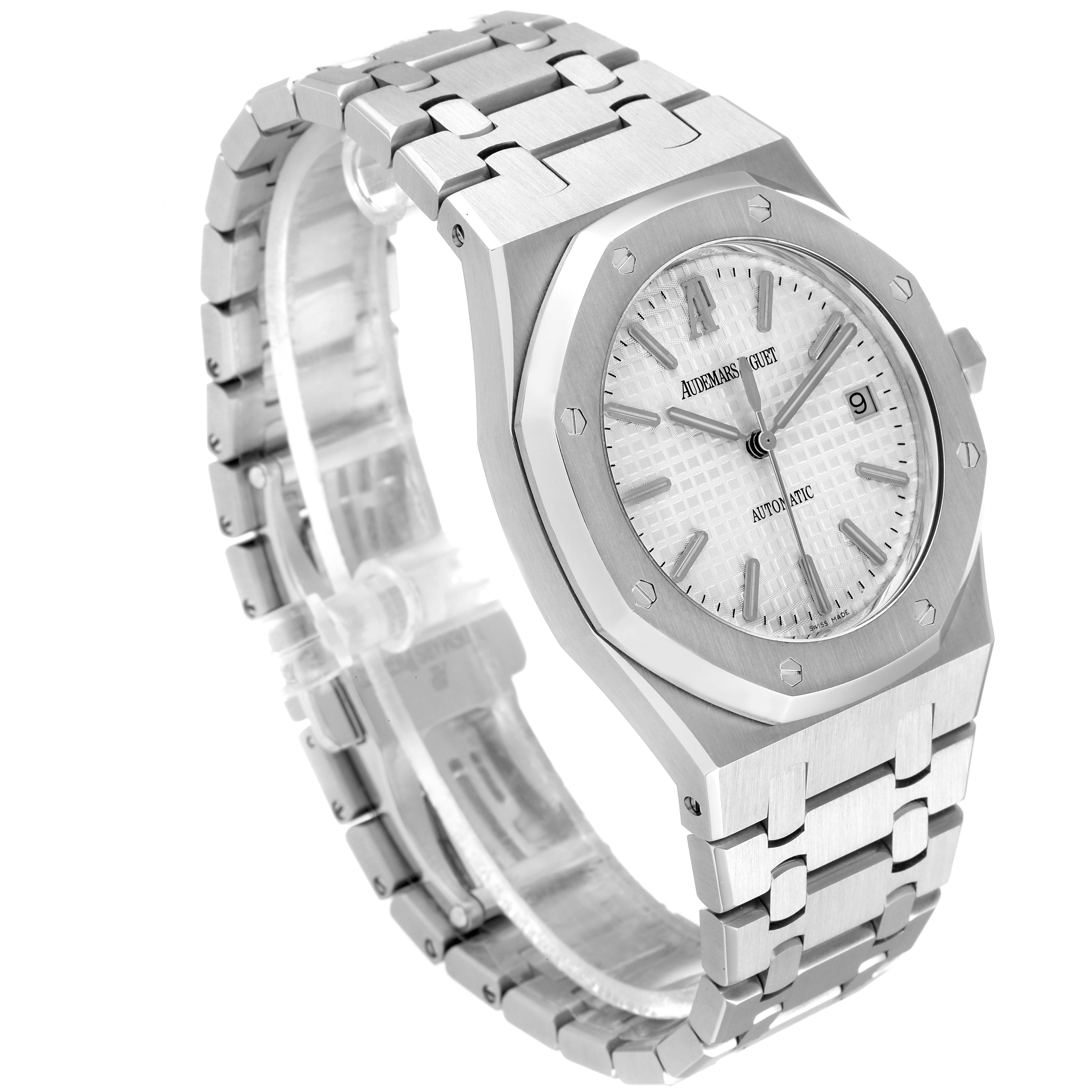 The image shows a Royal Oak model by Audemars Piguet at a three-quarter angle, featuring the watch face, bezel, and stainless steel bracelet.