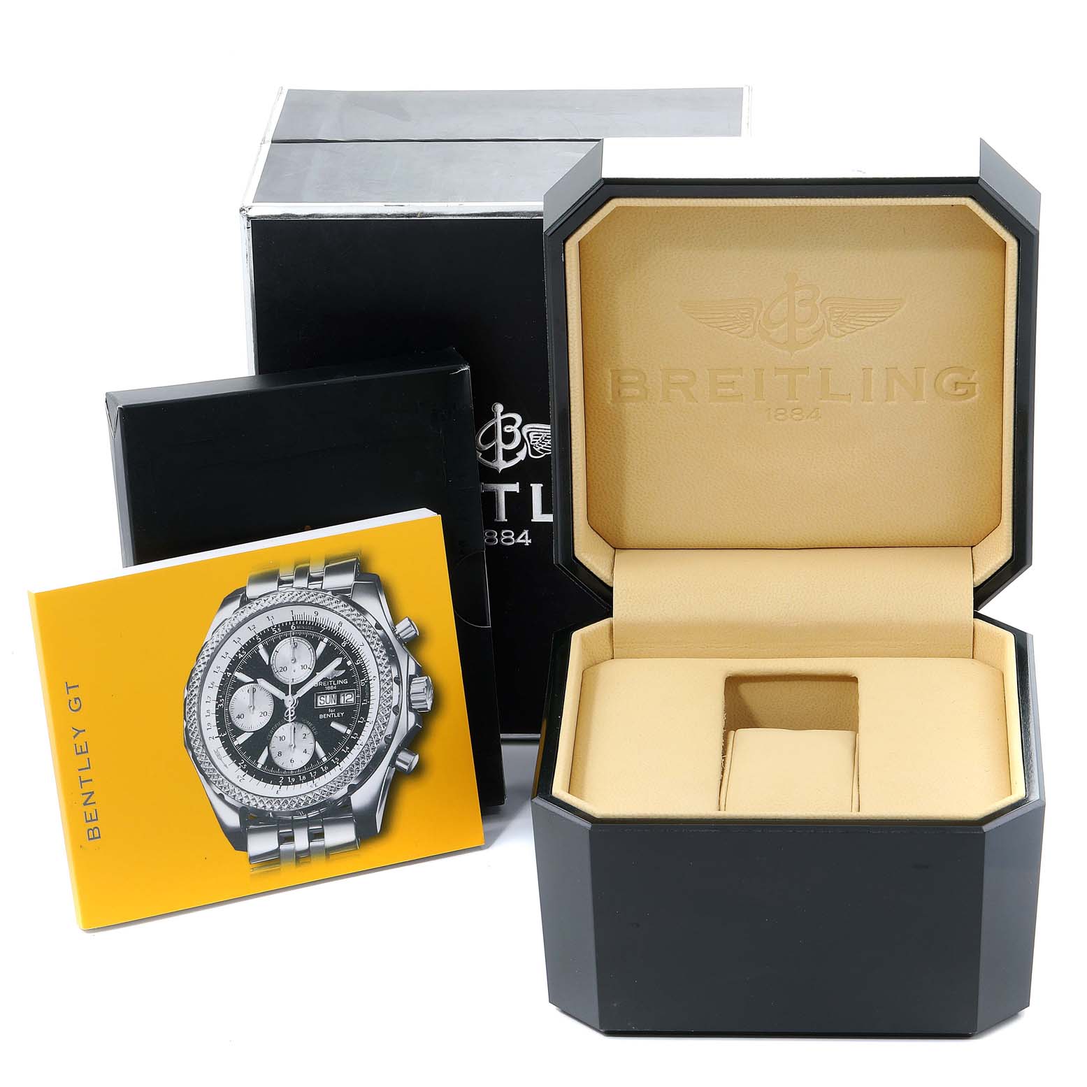 The image shows the Breitling Bentley A13362 Men's Stainless Steel Green Dial A13362 Men's Stainless Steel Green Dial watch's packaging, including the branded box, booklet, and an empty watch case.