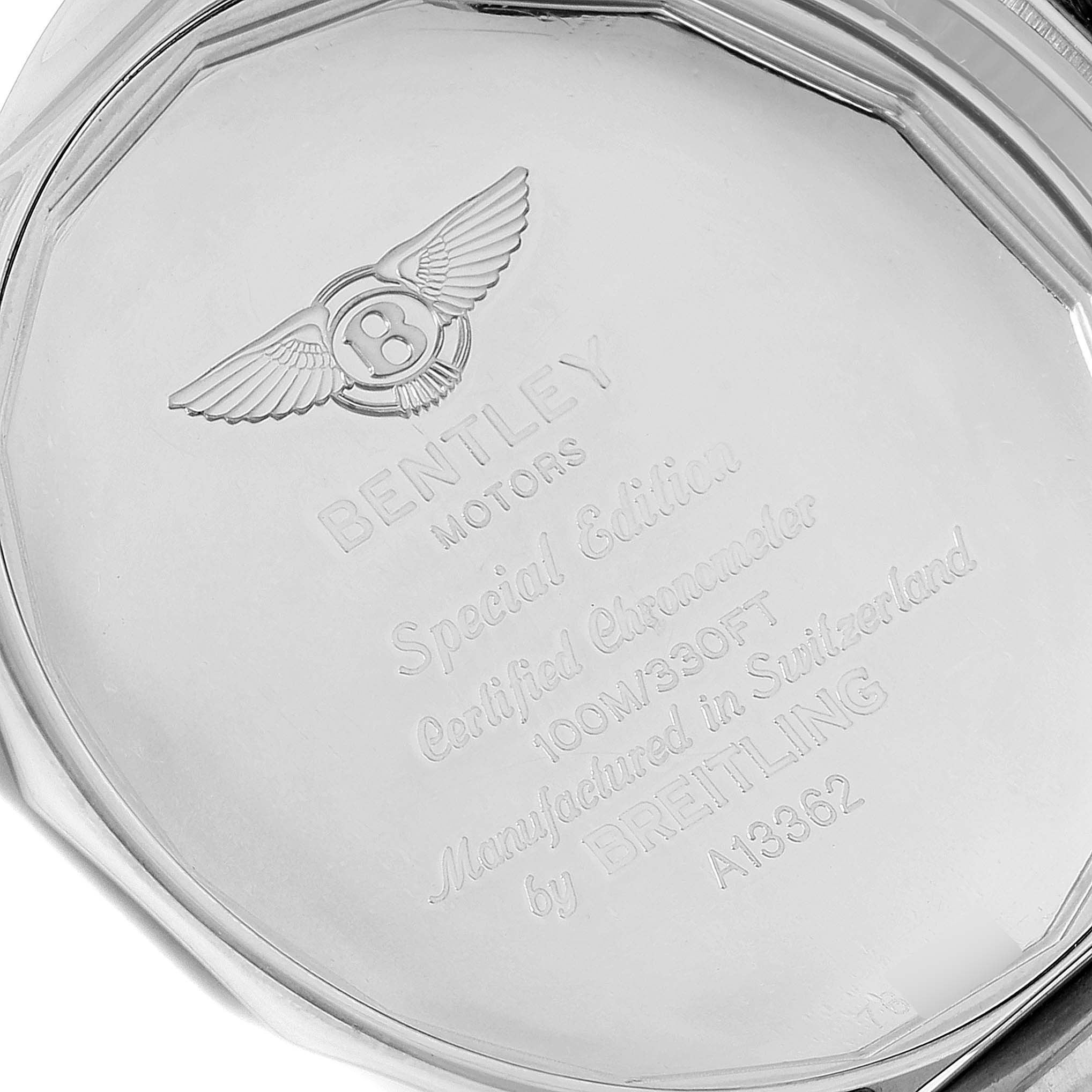 This image shows the back case of a Breitling Bentley A13362 Men's Stainless Steel Green Dial A13362 Men's Stainless Steel Green Dial watch, highlighting the engraved details and branding.