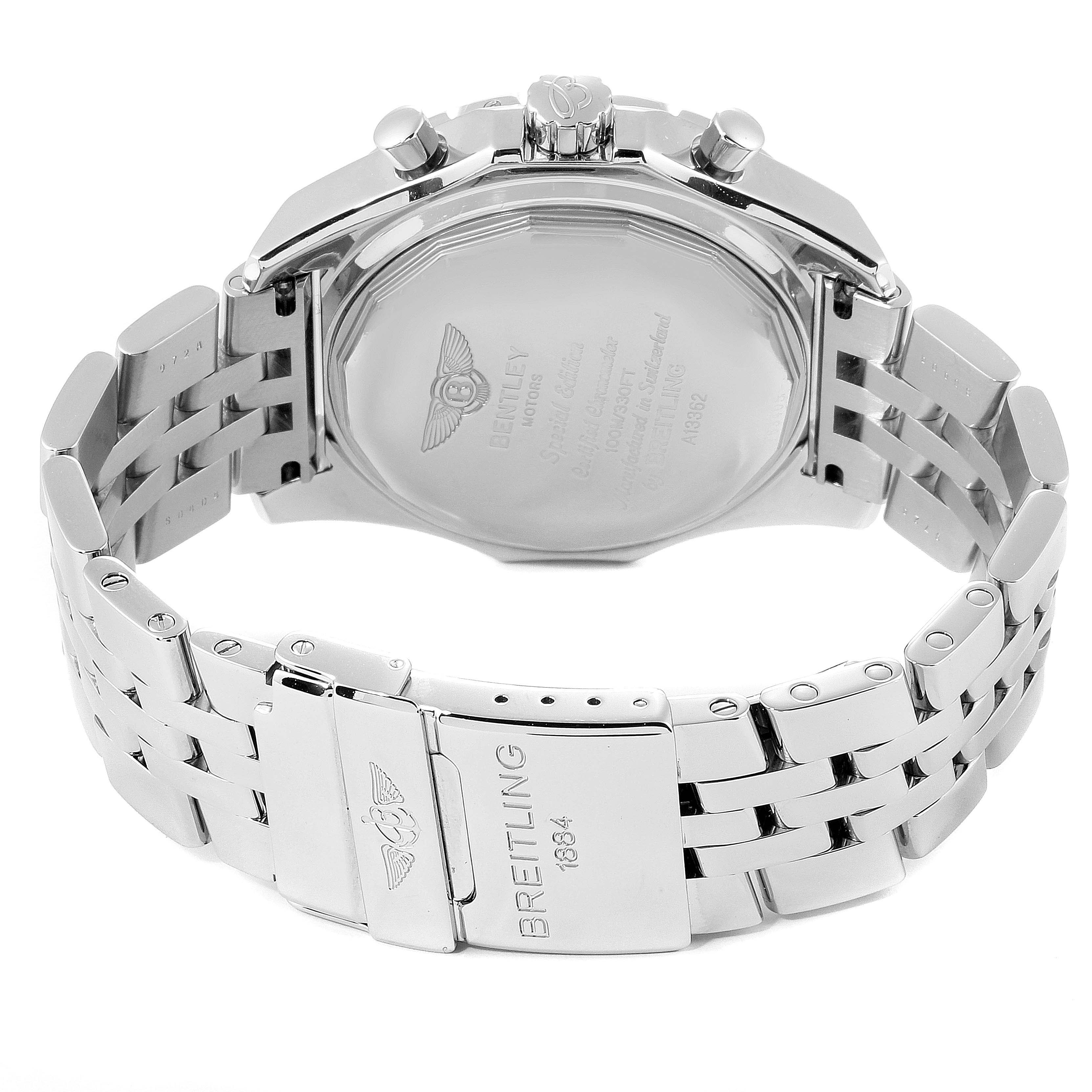 This image shows the back of a Breitling Bentley A13362 Men's Stainless Steel Green Dial A13362 Men's Stainless Steel Green Dial watch, including its caseback, crown, and stainless steel bracelet with the clasp visible.