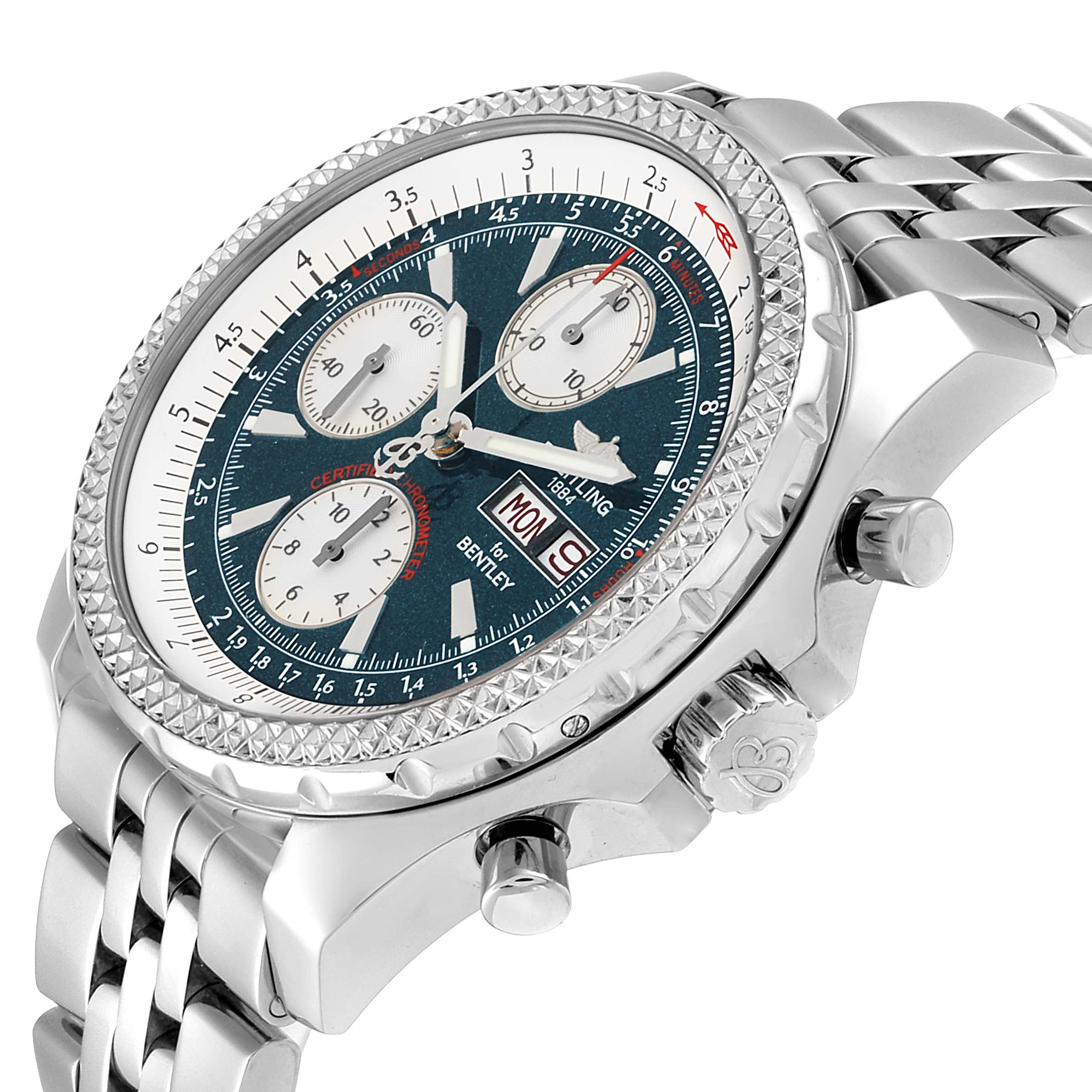 The image shows a side angle view of the Breitling Bentley A13362 Men's Stainless Steel Green Dial A13362 Men's Stainless Steel Green Dial watch, highlighting the dial, bezel, crown, and chronograph pushers.