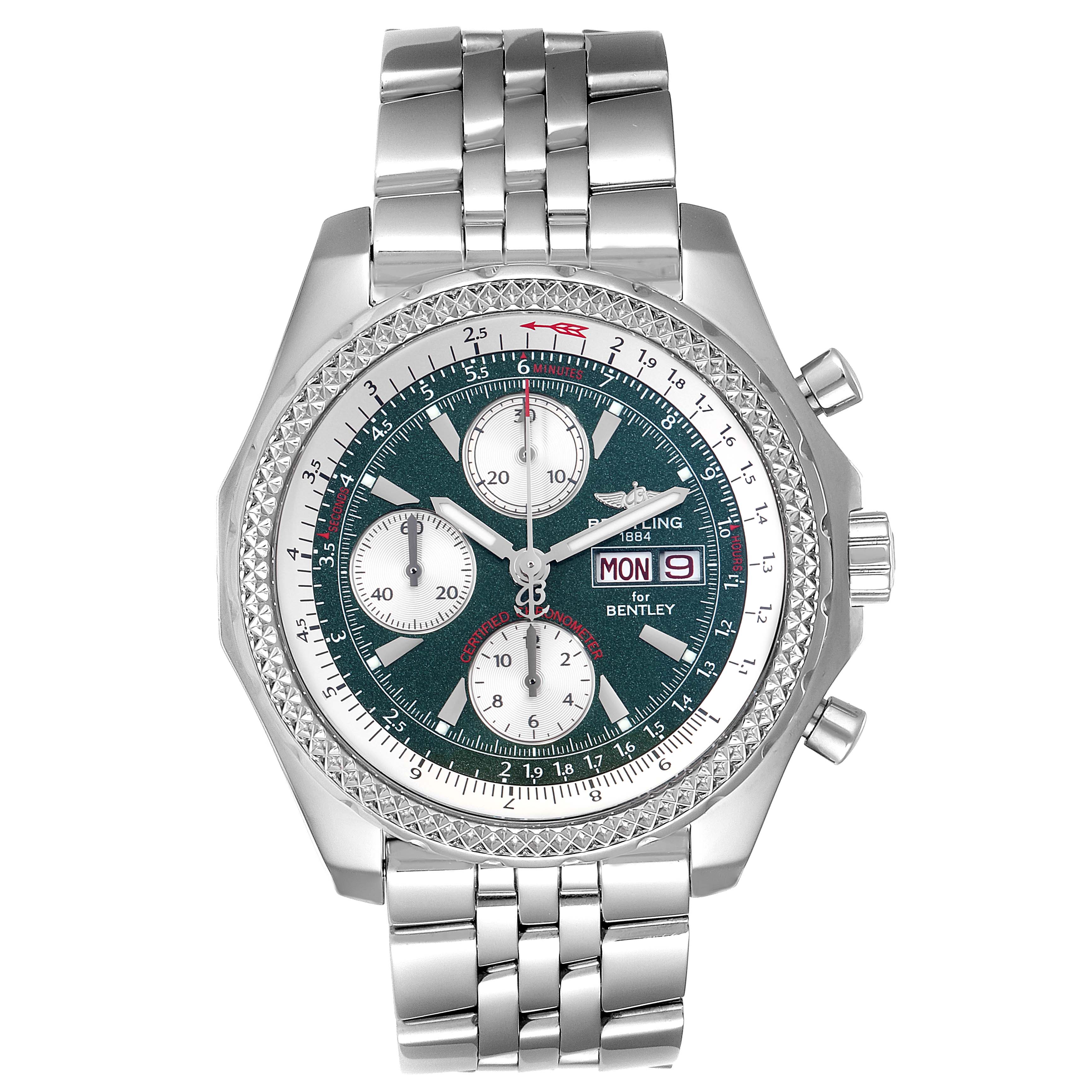 The Breitling Bentley A13362 Men's Stainless Steel Green Dial A13362 Men's Stainless Steel Green Dial watch is shown from the front, displaying its green dial, chronograph subdials, date window, and stainless steel bracelet.