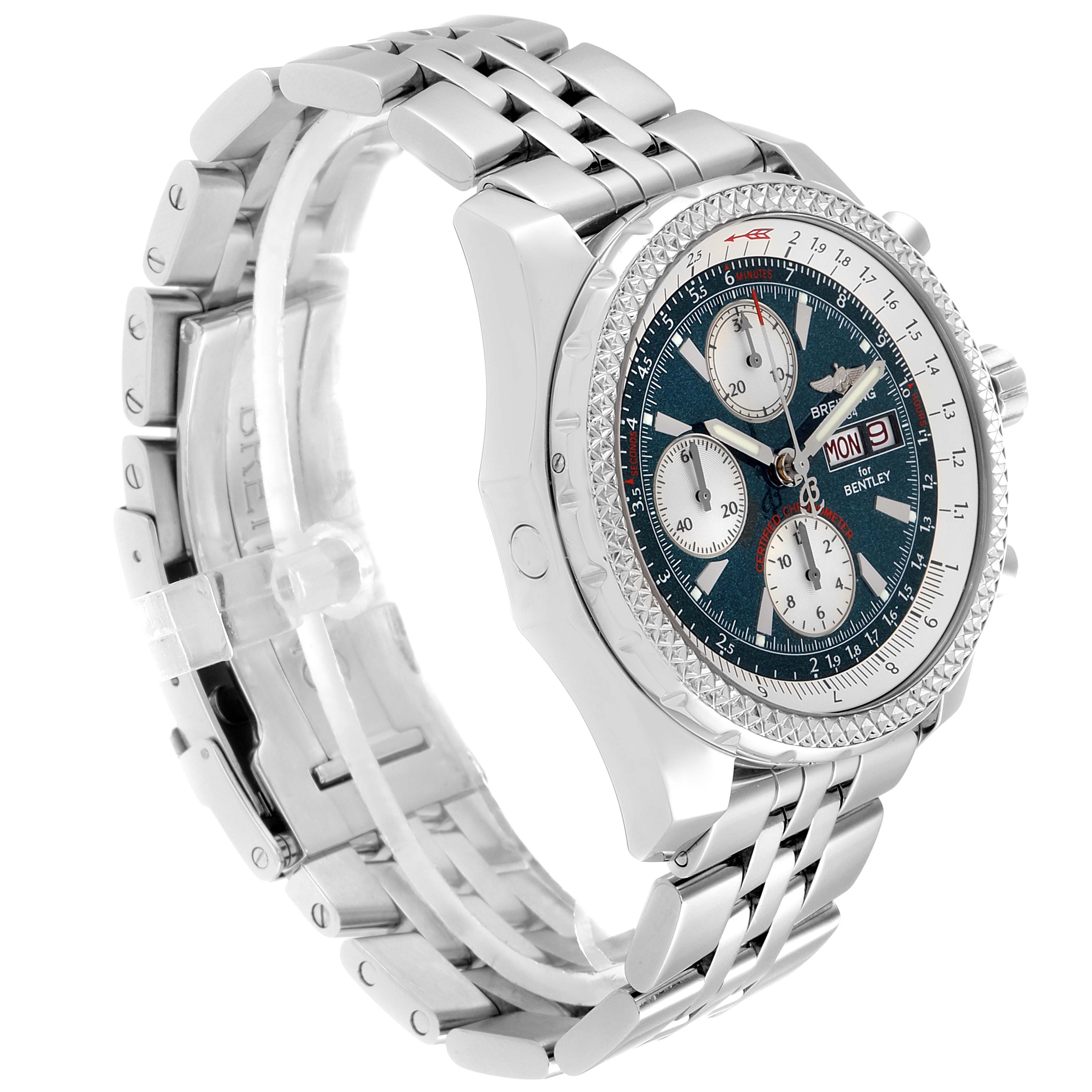 The Breitling Bentley A13362 Men's Stainless Steel Green Dial A13362 Men's Stainless Steel Green Dial watch is shown at an angle highlighting its stainless steel bracelet, bezel, and dial with chronograph functions.