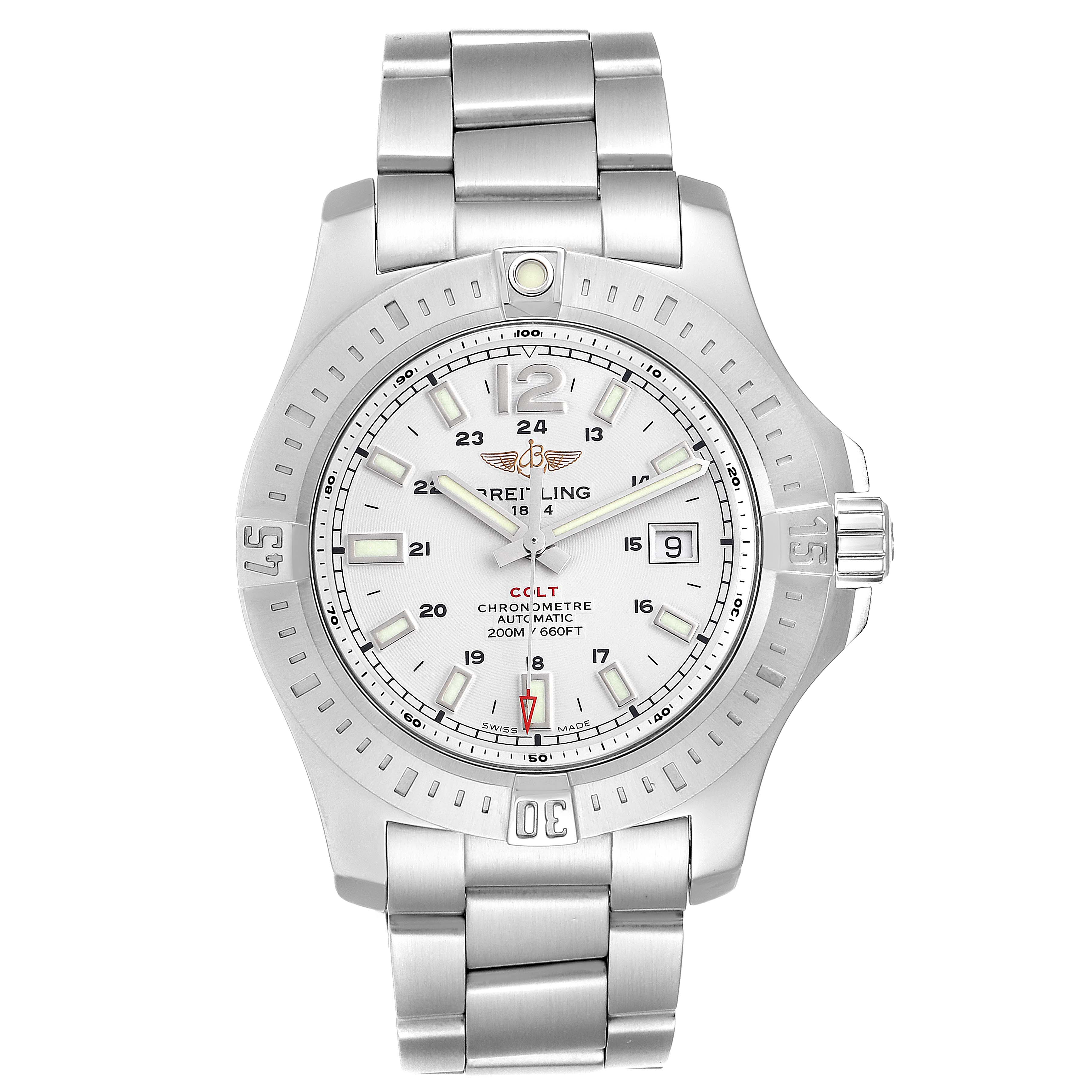 The image shows a front view of a Breitling Colt A17388 Men's Stainless Steel White Dial A17388 Men's Stainless Steel White Dial watch, displaying its face, bezel, crown, and metal bracelet.