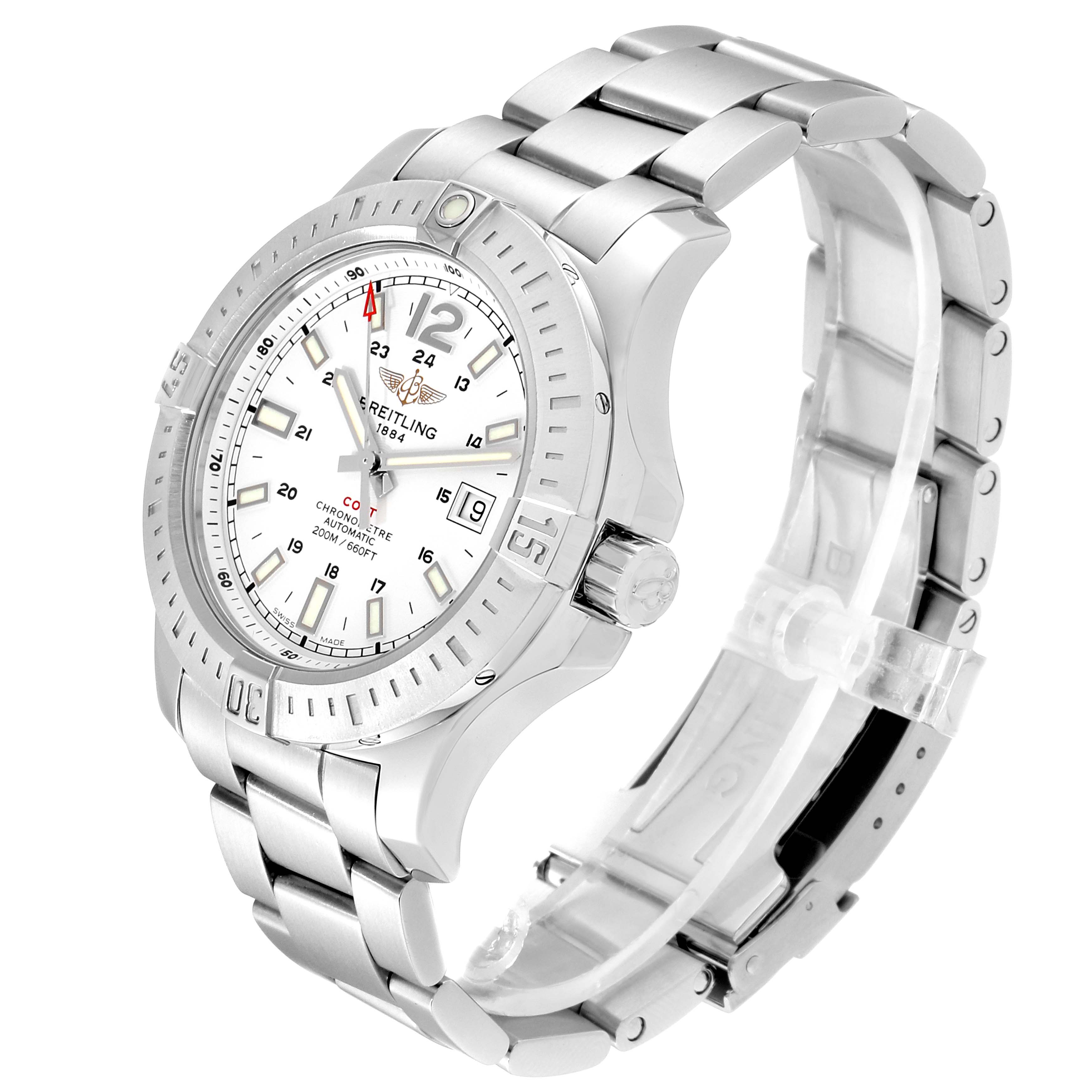 The Breitling Colt A17388 Men's Stainless Steel White Dial A17388 Men's Stainless Steel White Dial watch is shown at an angled view, highlighting the face, bezel, and part of the metal bracelet.