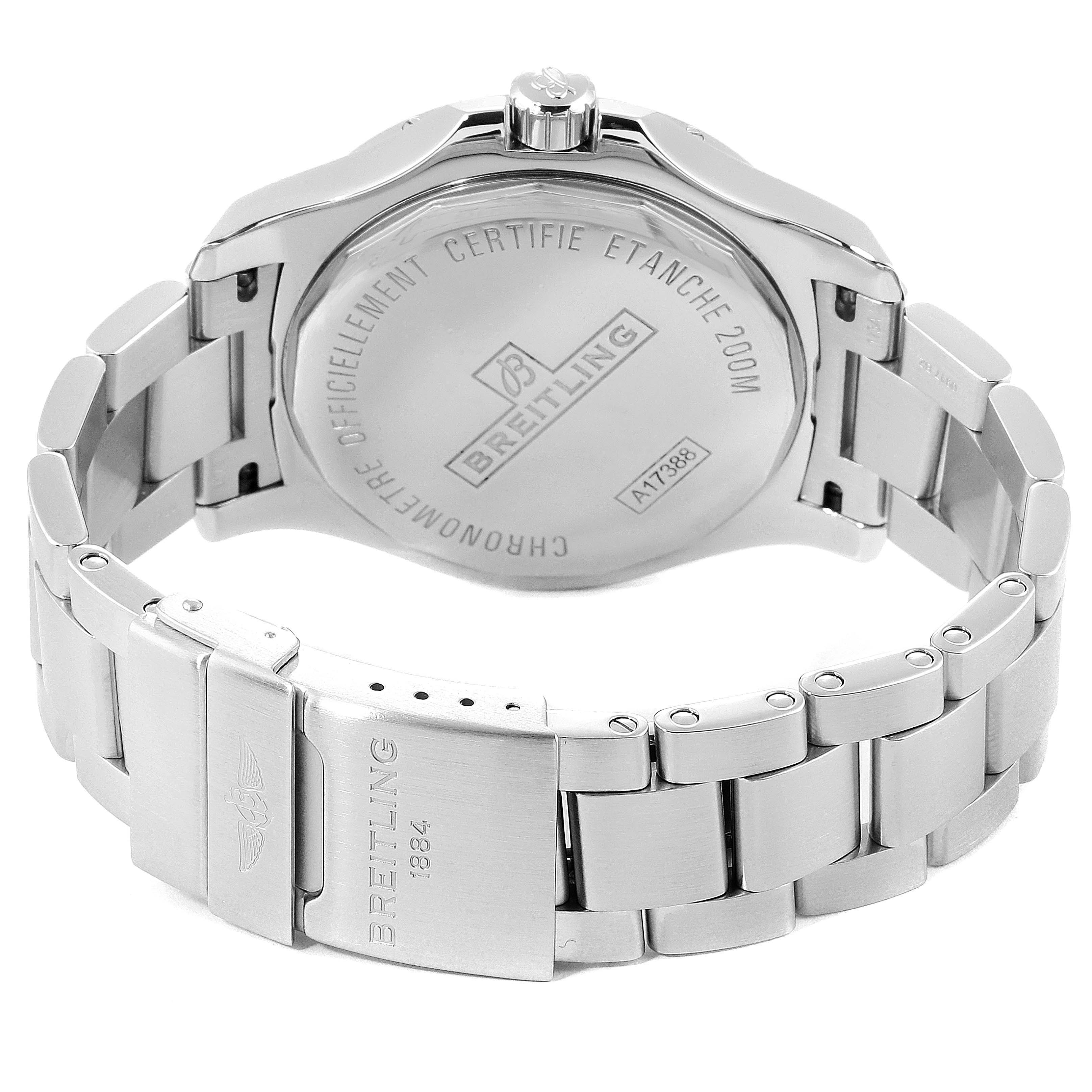The image shows the back case and bracelet of the Breitling Colt A17388 Men's Stainless Steel White Dial A17388 Men's Stainless Steel White Dial watch with inscriptions visible.