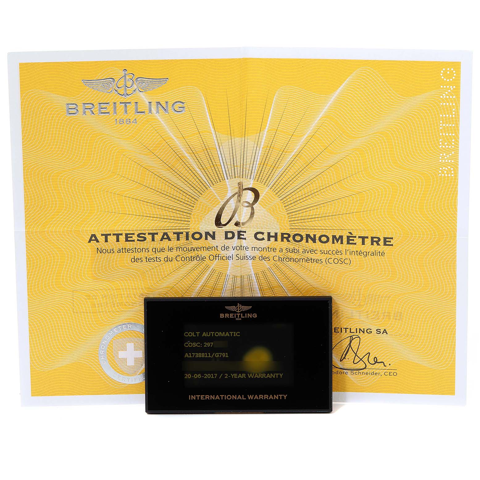 The image shows the certificate and warranty card for a Breitling Colt A17388 Men's Stainless Steel White Dial A17388 Men's Stainless Steel White Dial Automatic watch.