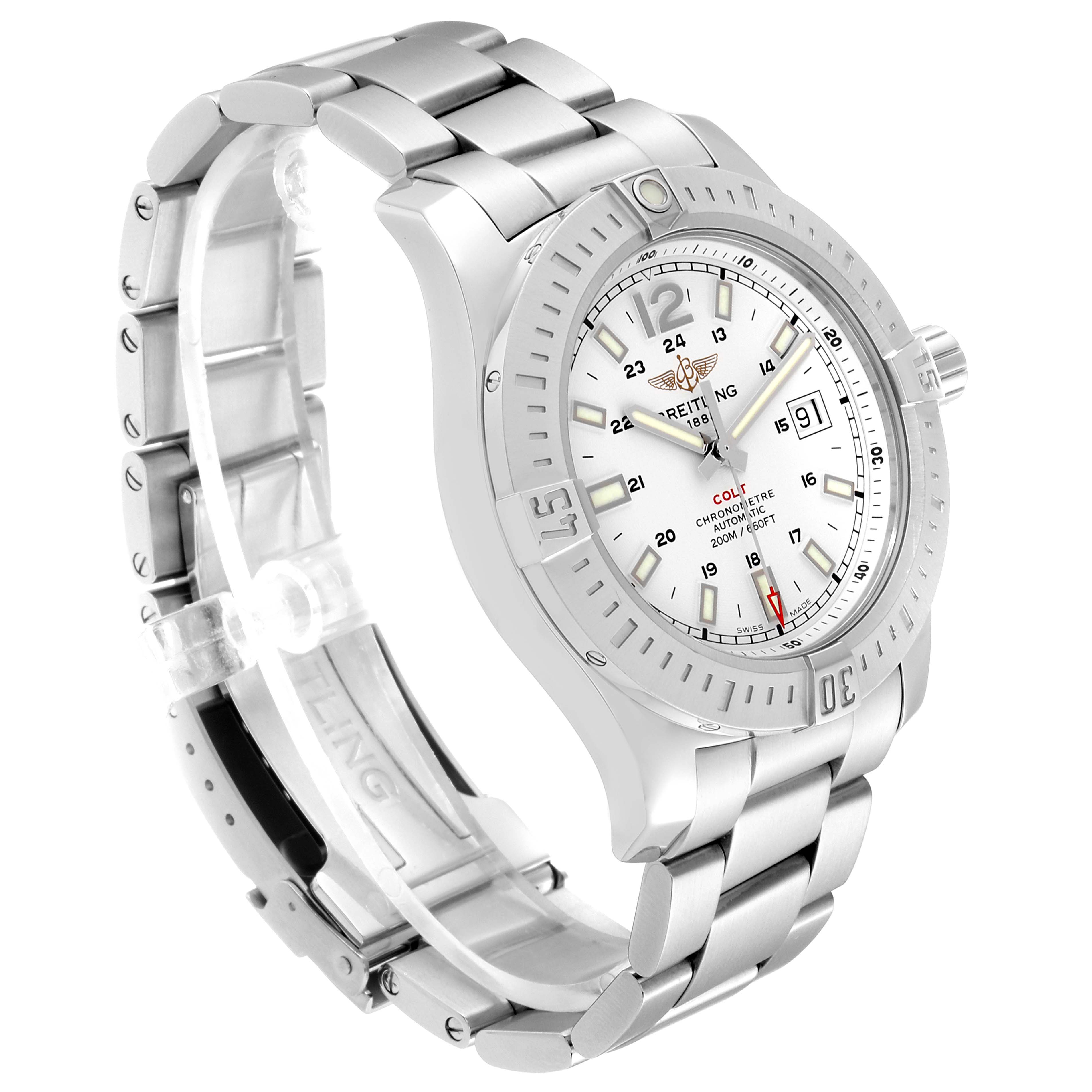 The image shows a Breitling Colt A17388 Men's Stainless Steel White Dial A17388 Men's Stainless Steel White Dial watch angled from the front-left, displaying the bezel, dial, crown, and metal bracelet.