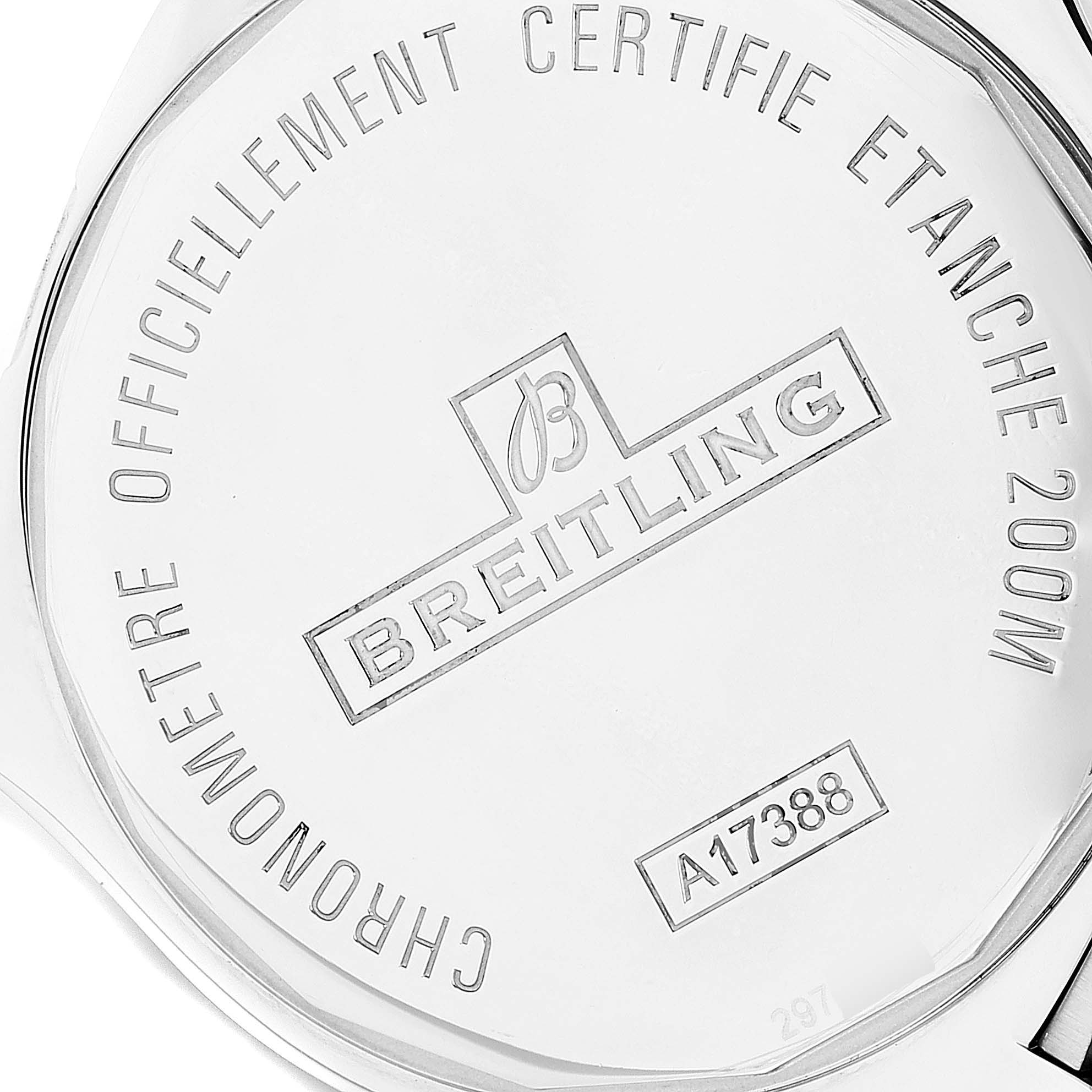 The image displays the back case of a Breitling Colt A17388 Men's Stainless Steel White Dial A17388 Men's Stainless Steel White Dial watch, showcasing the brand's logo and model number.