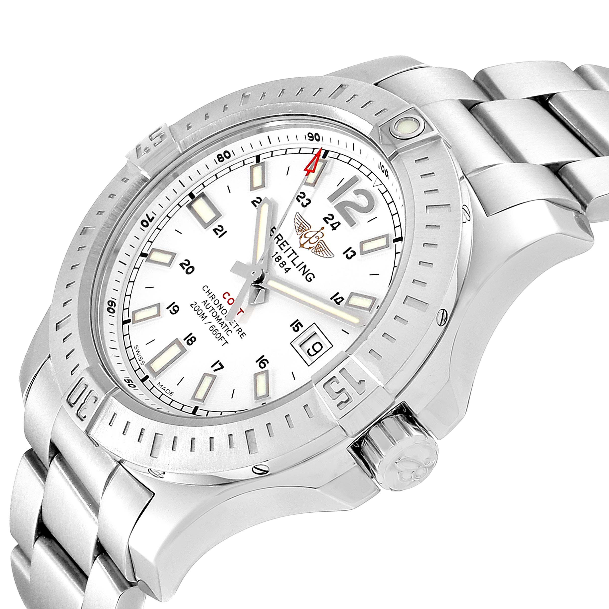 The Breitling Colt A17388 Men's Stainless Steel White Dial A17388 Men's Stainless Steel White Dial watch is shown at a slight angle, displaying its face, bezel, crown, and metal bracelet.