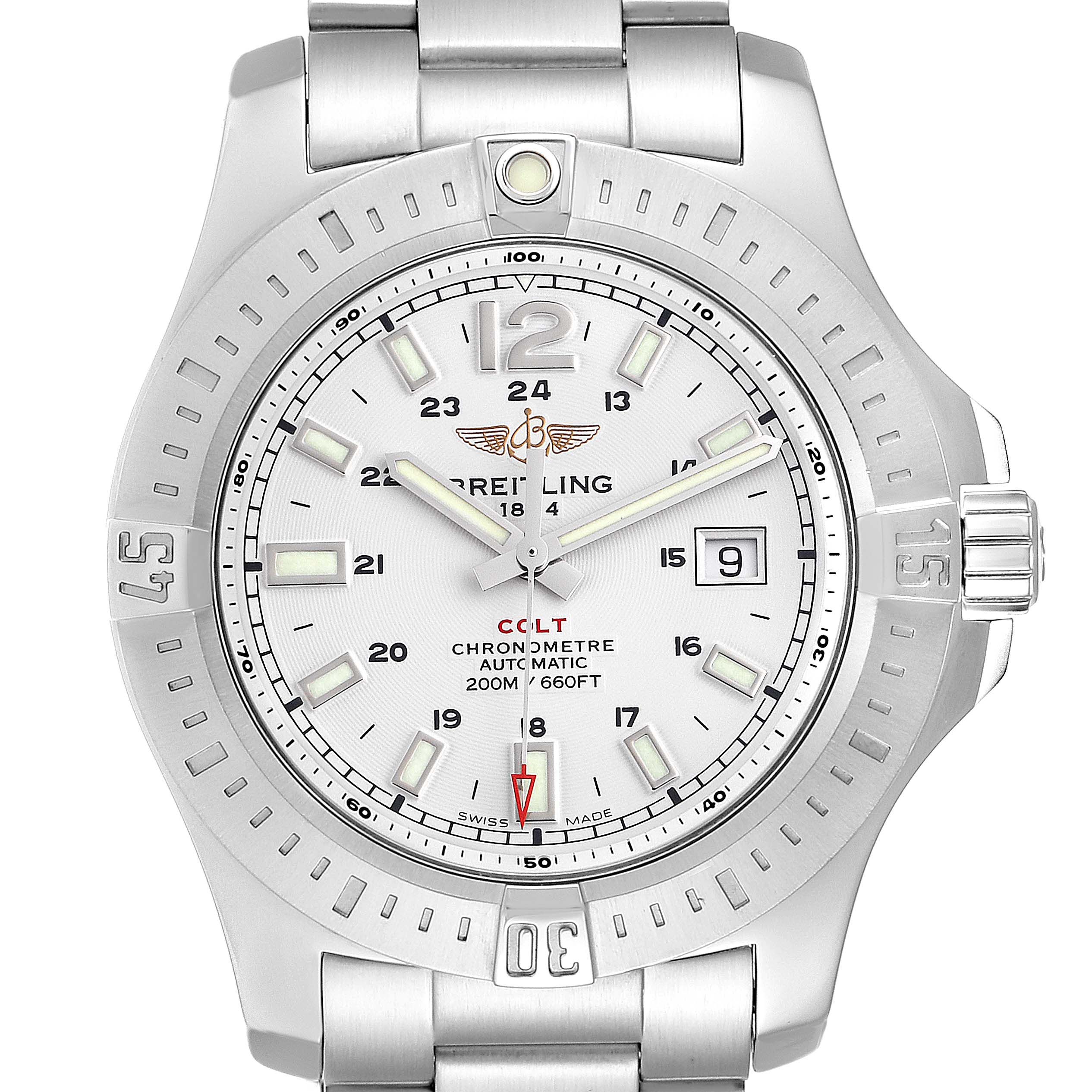 The image shows a front view of the Breitling Colt A17388 Men's Stainless Steel White Dial A17388 Men's Stainless Steel White Dial watch, highlighting the face, bezel, and part of the bracelet.