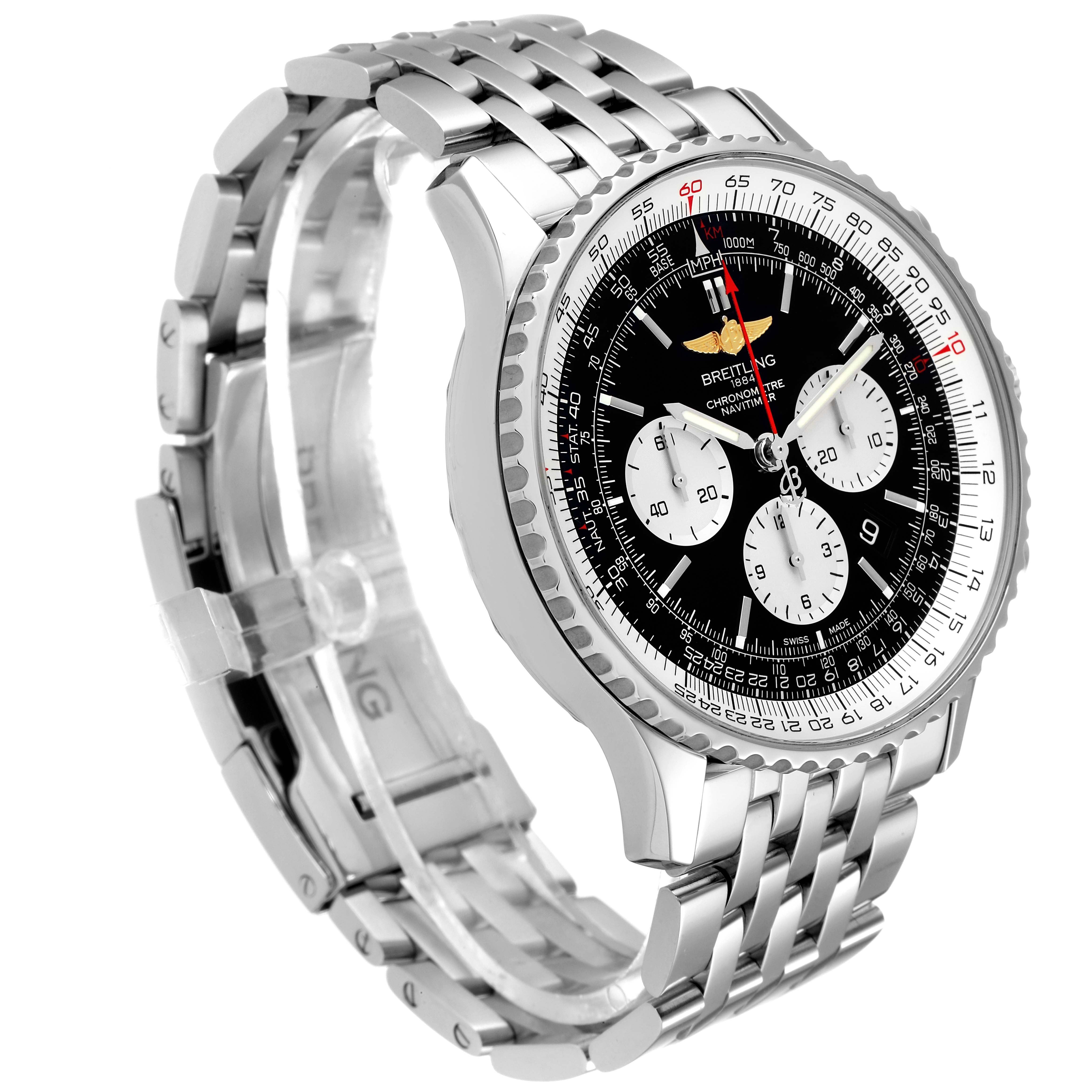 The image shows a side-angle view of a Breitling Navitimer AB0127-211-B1A1 Men
s Stainless Steel Black Dial AB0127-211-B1A1 Men
s Stainless Steel Black Dial watch, highlighting the dial, bezel, and steel bracelet.