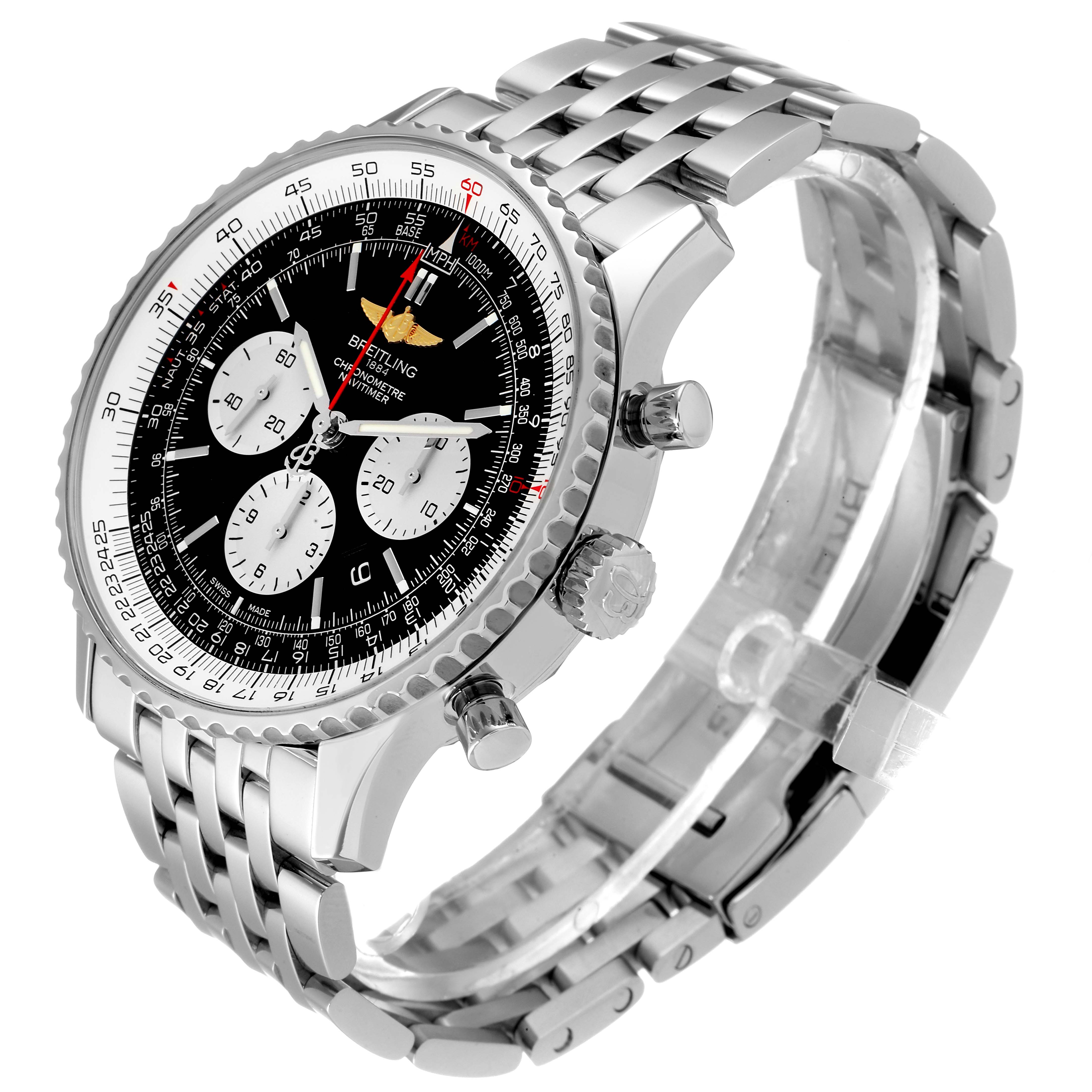 This image shows a Breitling Navitimer AB0127-211-B1A1 Men
s Stainless Steel Black Dial AB0127-211-B1A1 Men
s Stainless Steel Black Dial watch at a three-quarter angle, highlighting the face, bezel, crown, pushers, and metal bracelet.