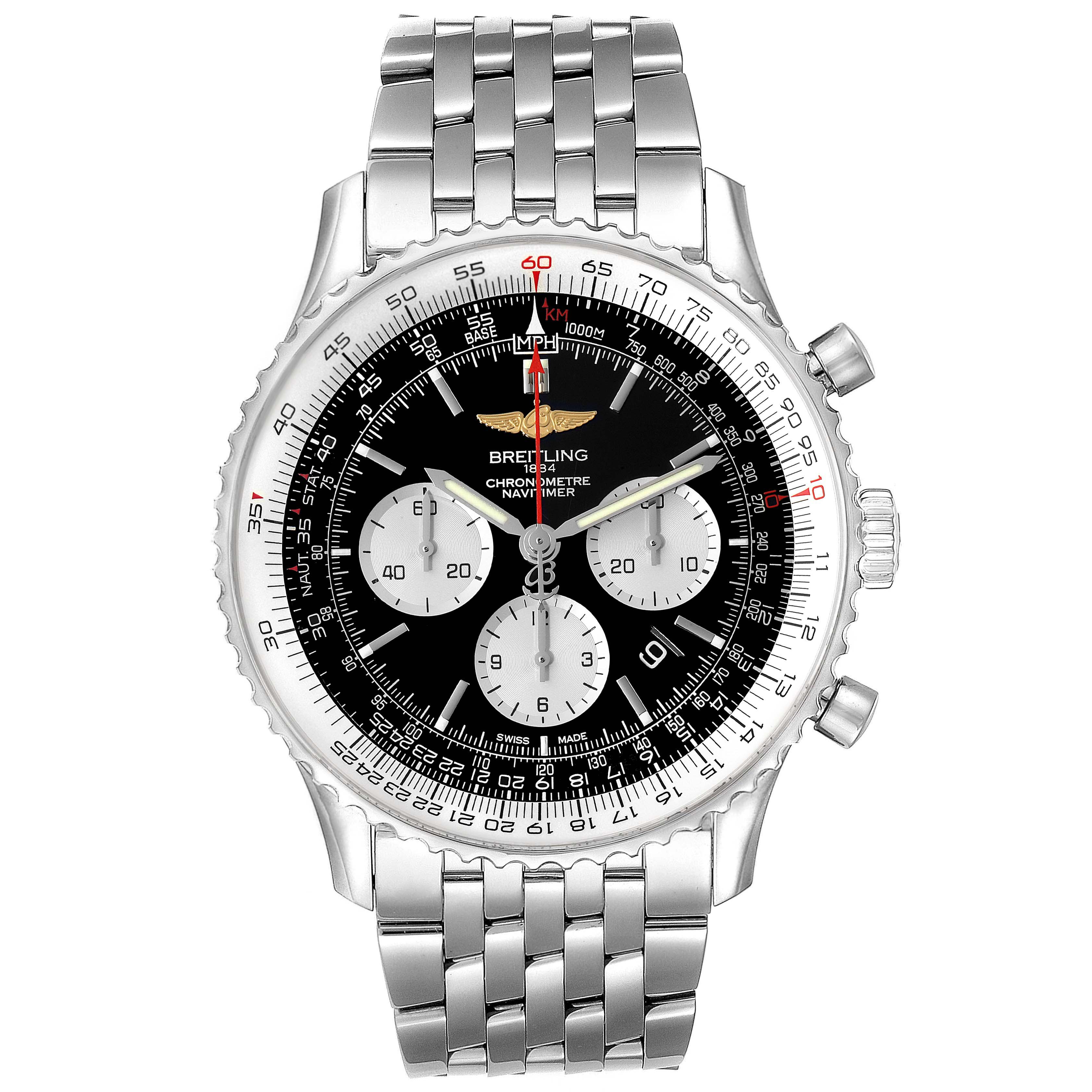 The image shows a frontal view of a Breitling Navitimer AB0127-211-B1A1 Men
s Stainless Steel Black Dial AB0127-211-B1A1 Men
s Stainless Steel Black Dial watch, highlighting its dial, bezel, and metal bracelet.