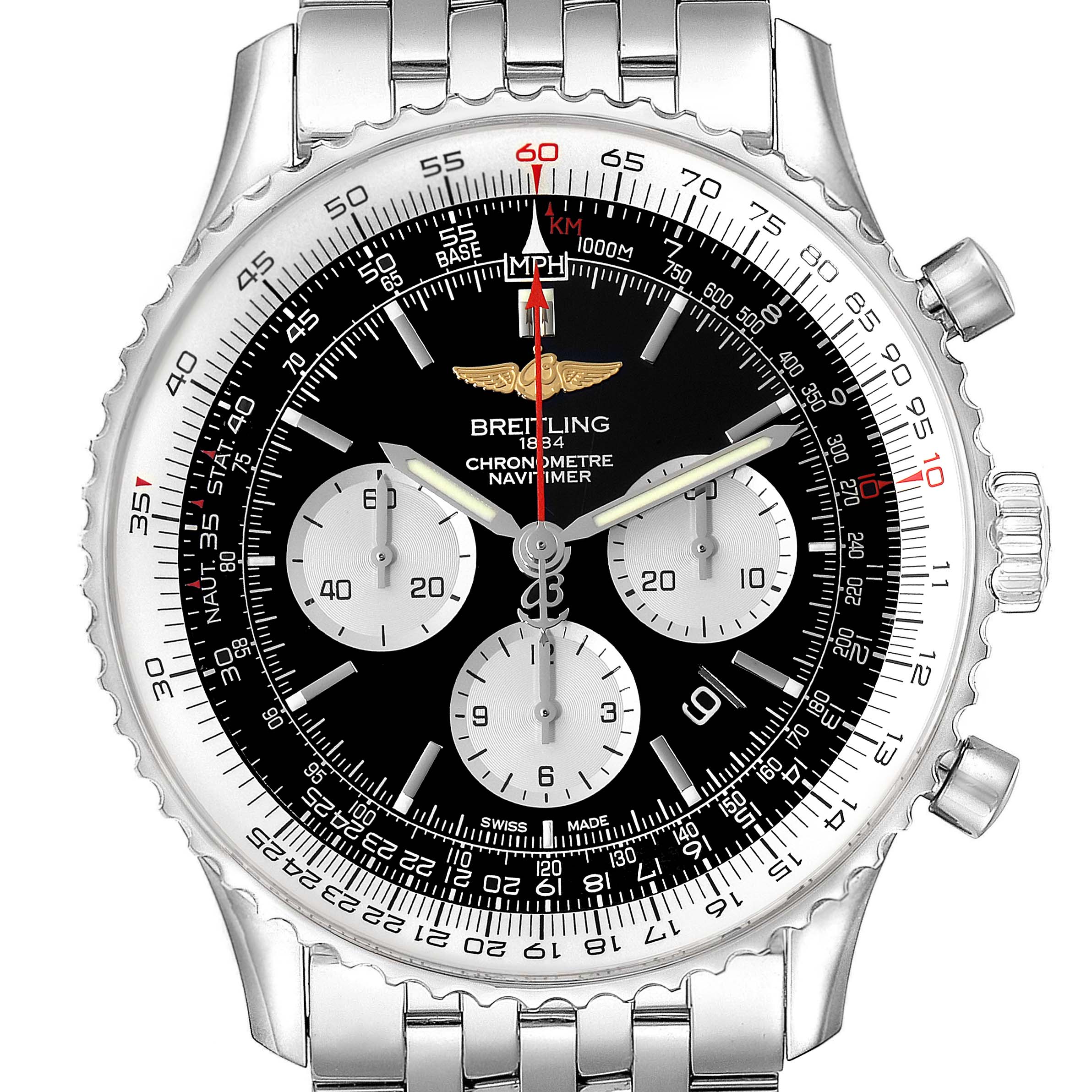 This Breitling Navitimer AB0127-211-B1A1 Men
s Stainless Steel Black Dial AB0127-211-B1A1 Men
s Stainless Steel Black Dial watch is shown from a front angle, displaying its face and stainless steel bracelet.