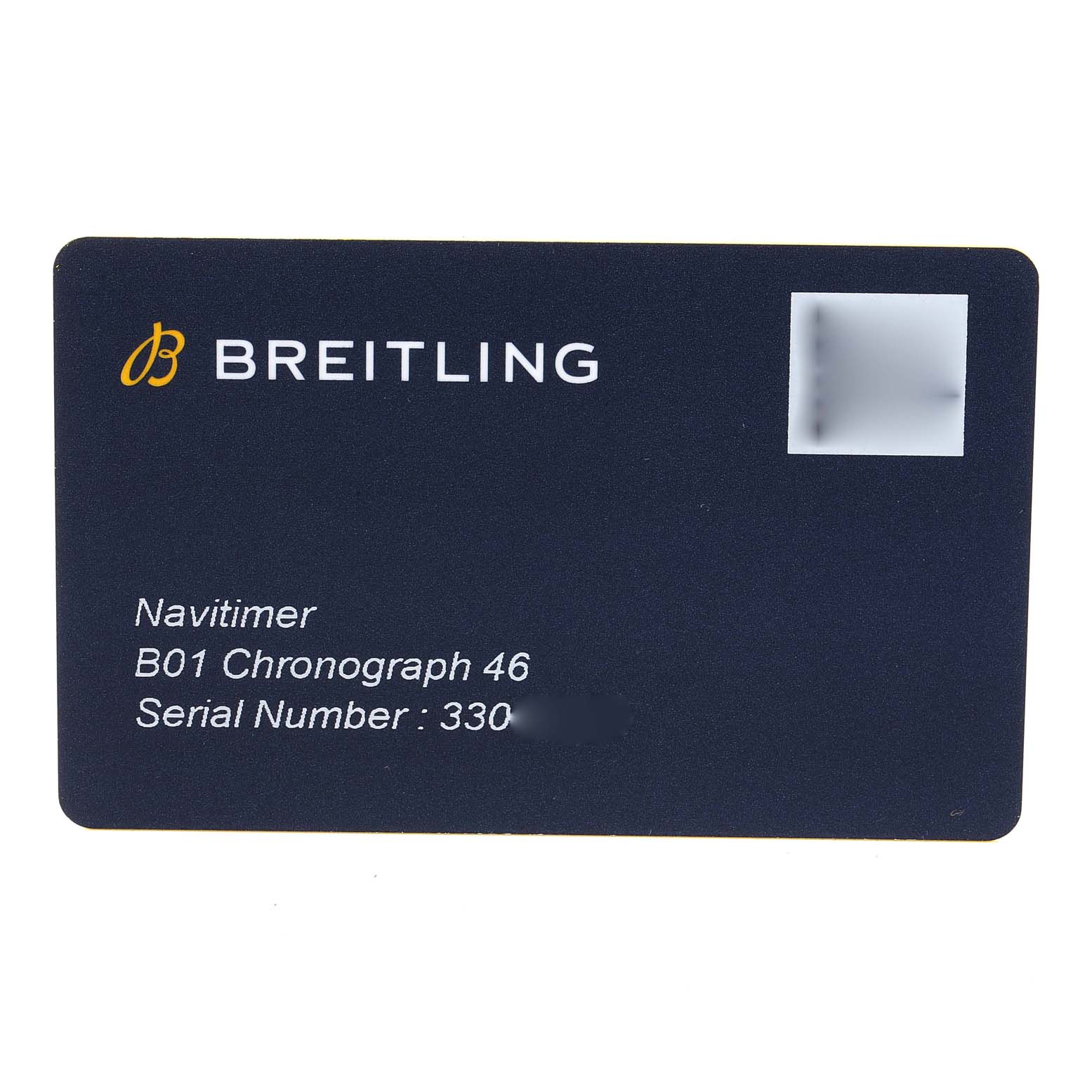 This is a close-up view of the warranty card for a Breitling Navitimer AB0127-211-B1A1 Men
s Stainless Steel Black Dial AB0127-211-B1A1 Men
s Stainless Steel Black Dial B01 Chronograph 46.