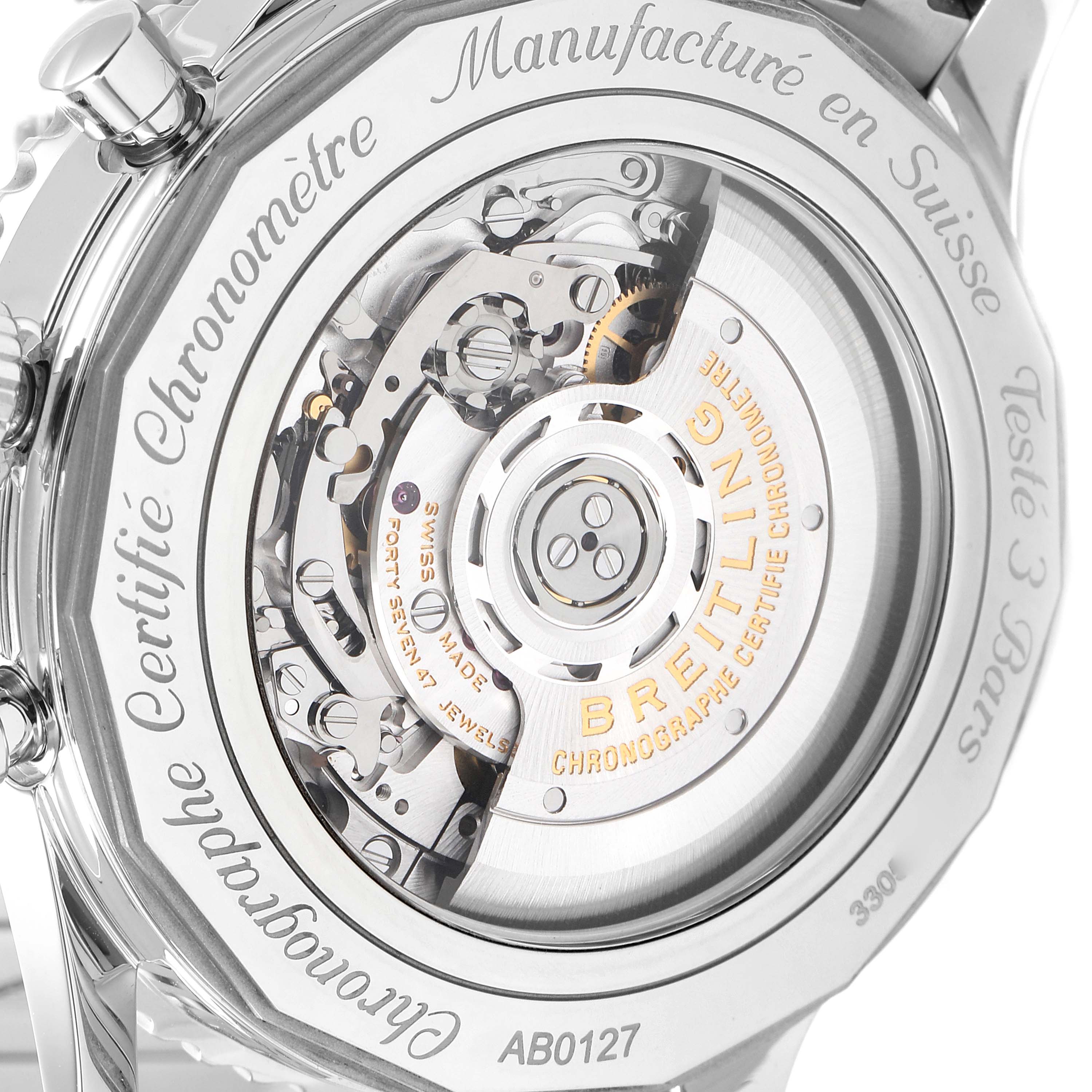 The image shows the back view of the Breitling Navitimer AB0127-211-B1A1 Men
s Stainless Steel Black Dial AB0127-211-B1A1 Men
s Stainless Steel Black Dial watch, highlighting its exposed movement and intricate inner mechanisms.