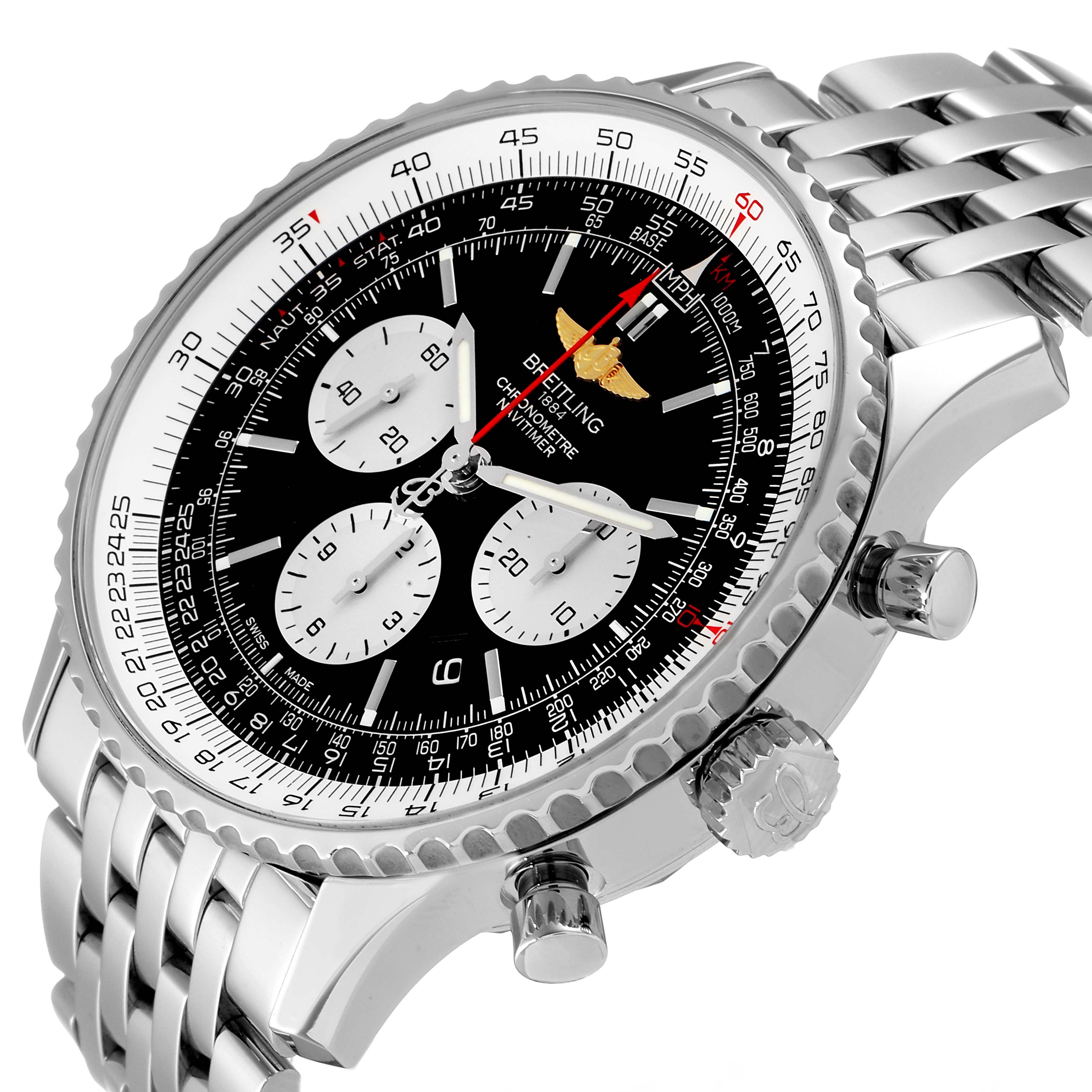 The image shows a Breitling Navitimer AB0127-211-B1A1 Men
s Stainless Steel Black Dial AB0127-211-B1A1 Men
s Stainless Steel Black Dial watch at an angled close-up, highlighting its bezel, dial, and bracelet.