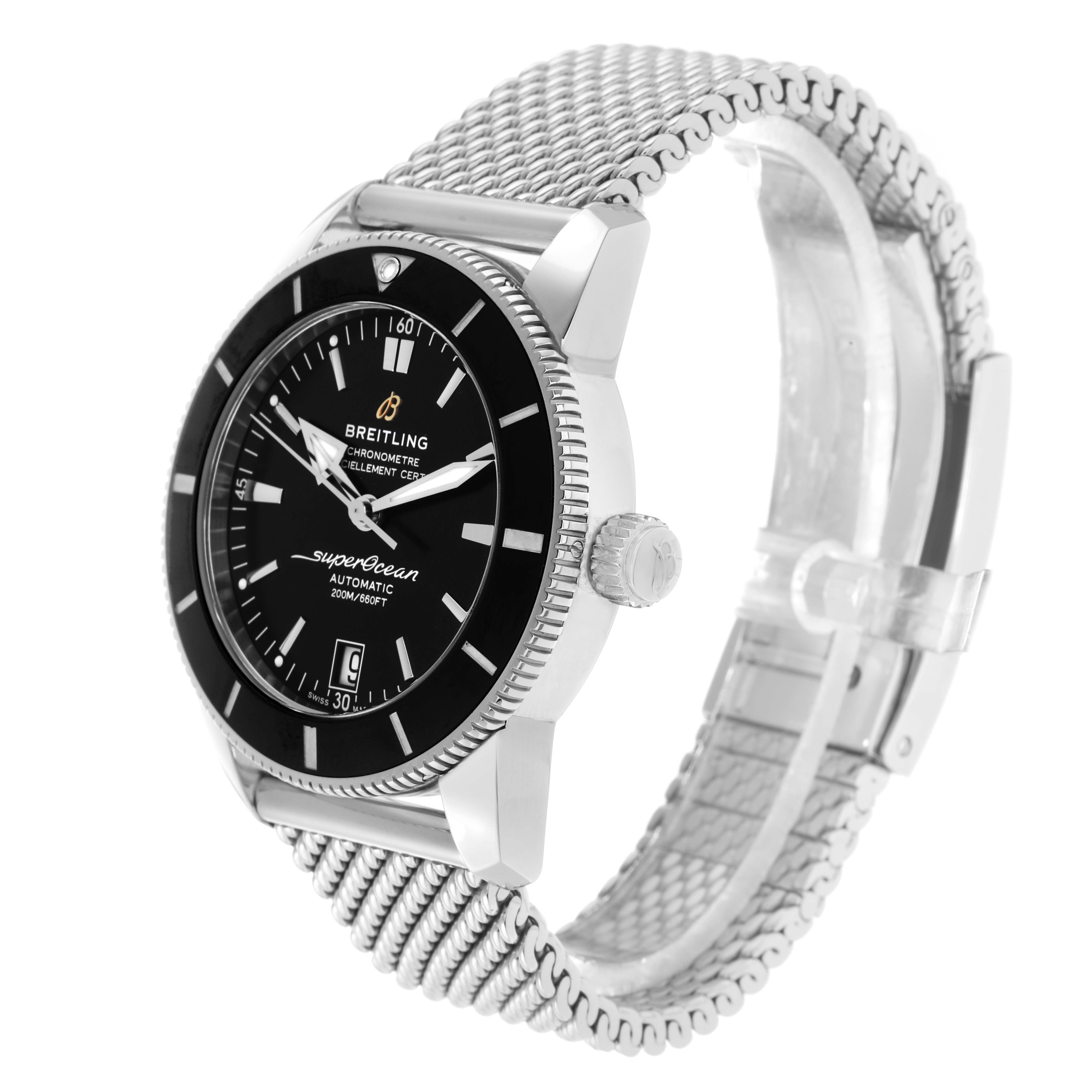 The Breitling Superocean AB2010 Men
s Stainless Steel Black Dial watch is shown at a three-quarter angle highlighting the case, bezel, dial, crown, and mesh bracelet.